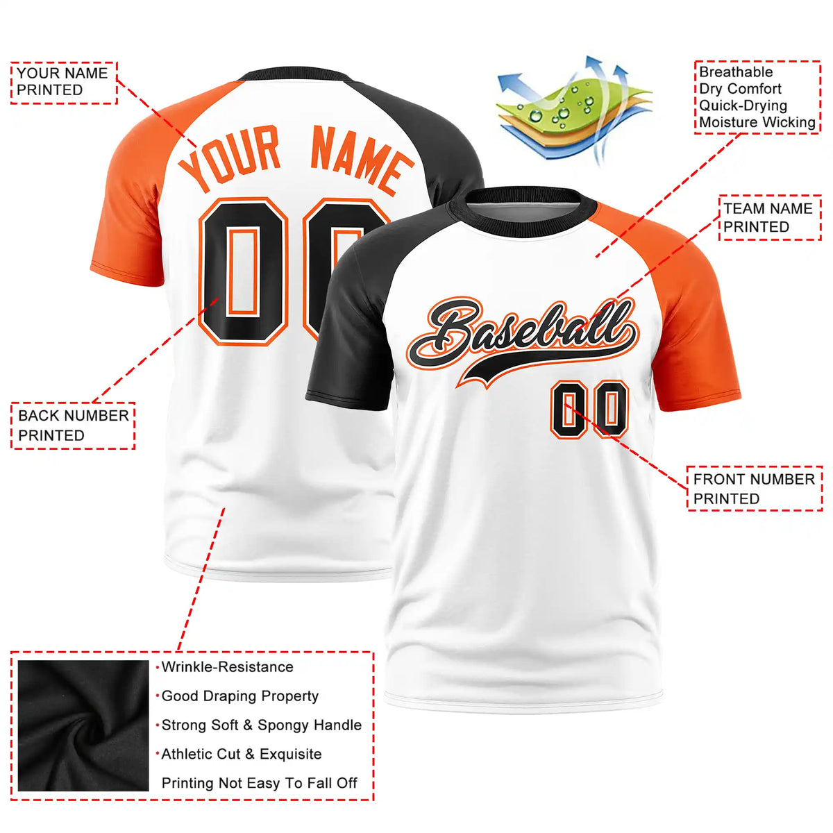 Custom White Black-Orange Crew Neck Two Tone Sleeve Design  Performance T-Shirt