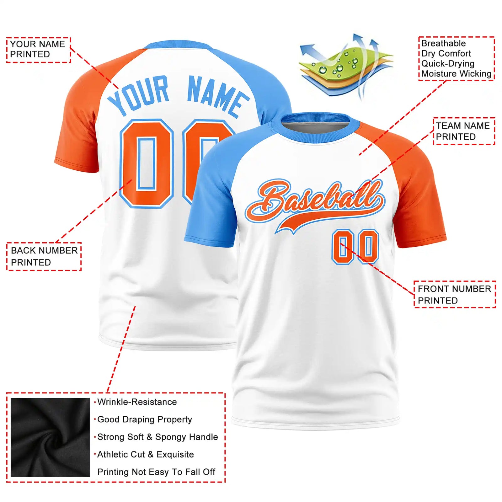 Custom White Powder Blue-Orange Crew Neck Two Tone Sleeve Design  Performance T-Shirt
