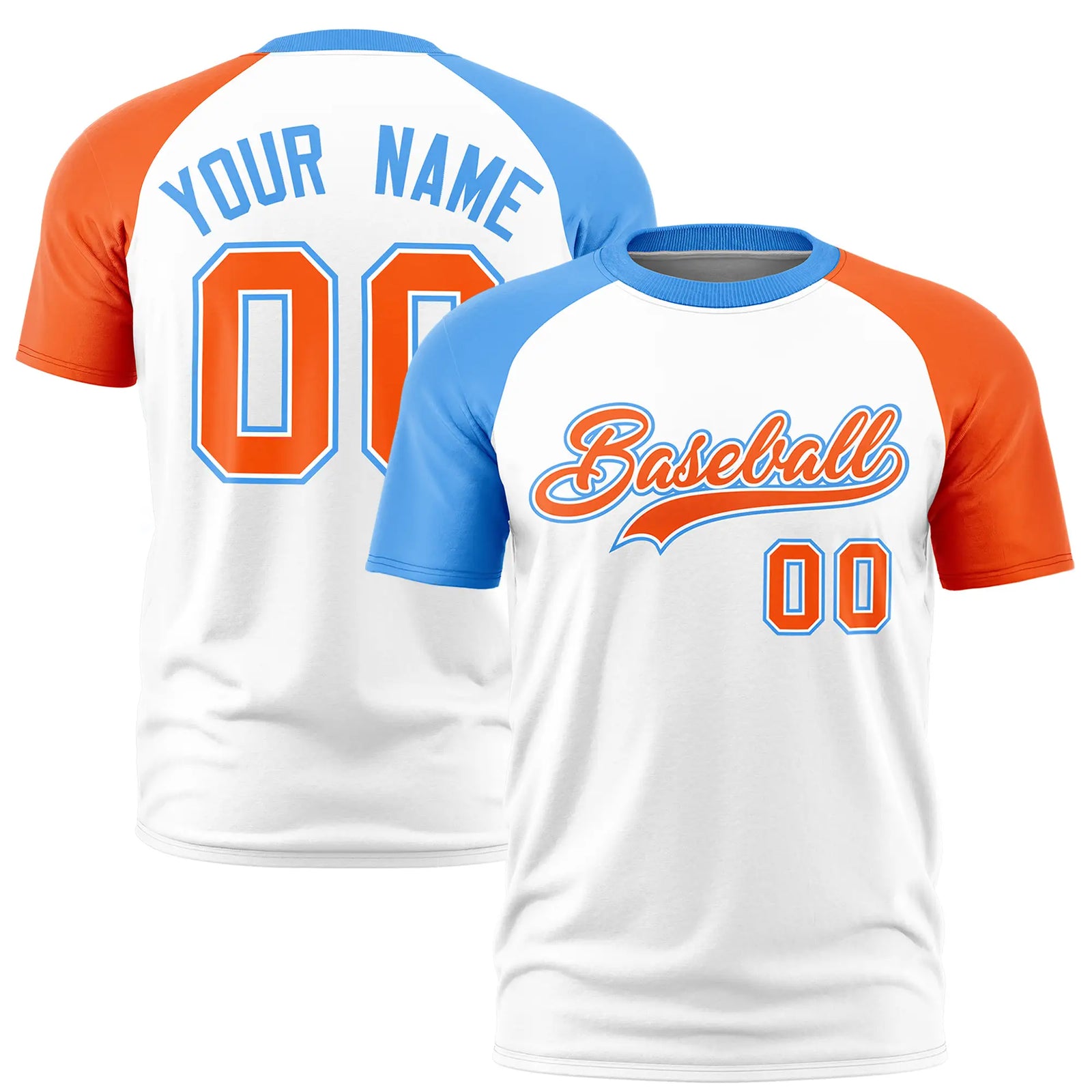 Custom White Powder Blue-Orange Crew Neck Two Tone Sleeve Design  Performance T-Shirt