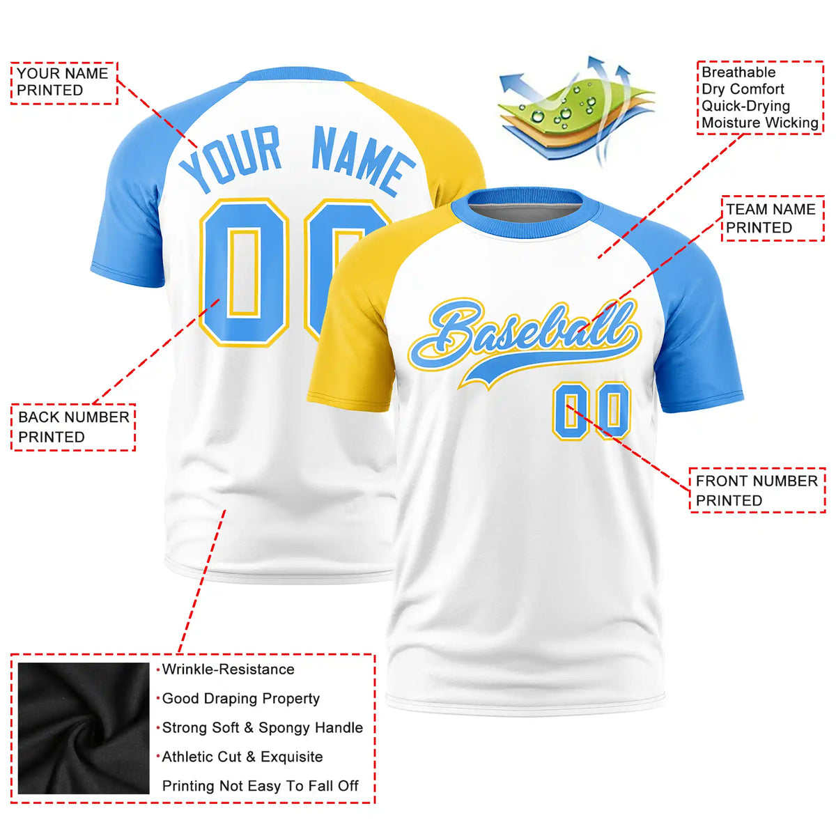 Custom White Gold01-Powder Blue Crew Neck Two Tone Sleeve Design  Performance T-Shirt