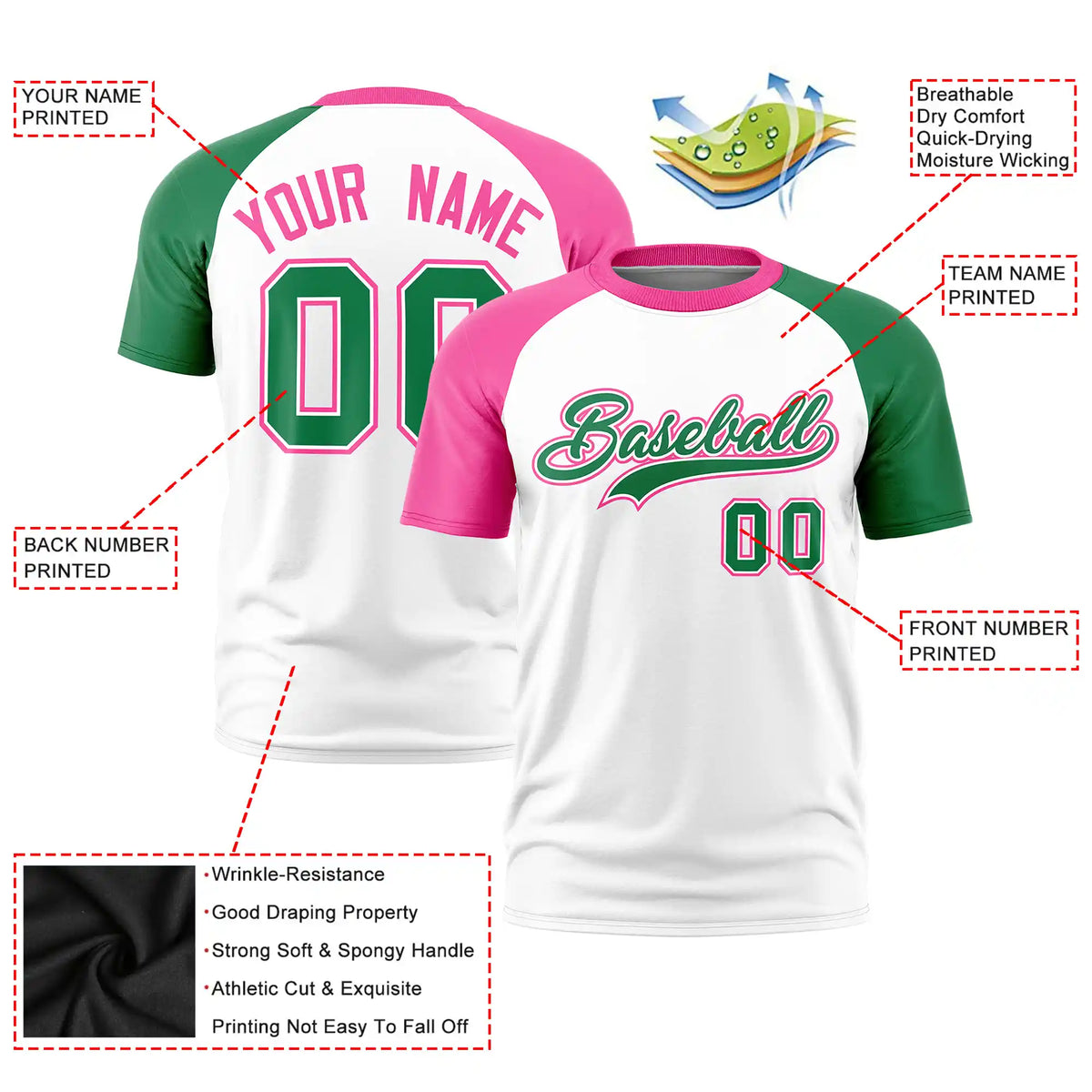 Custom White Pink-Kelly Green Crew Neck Two Tone Sleeve Design  Performance T-Shirt