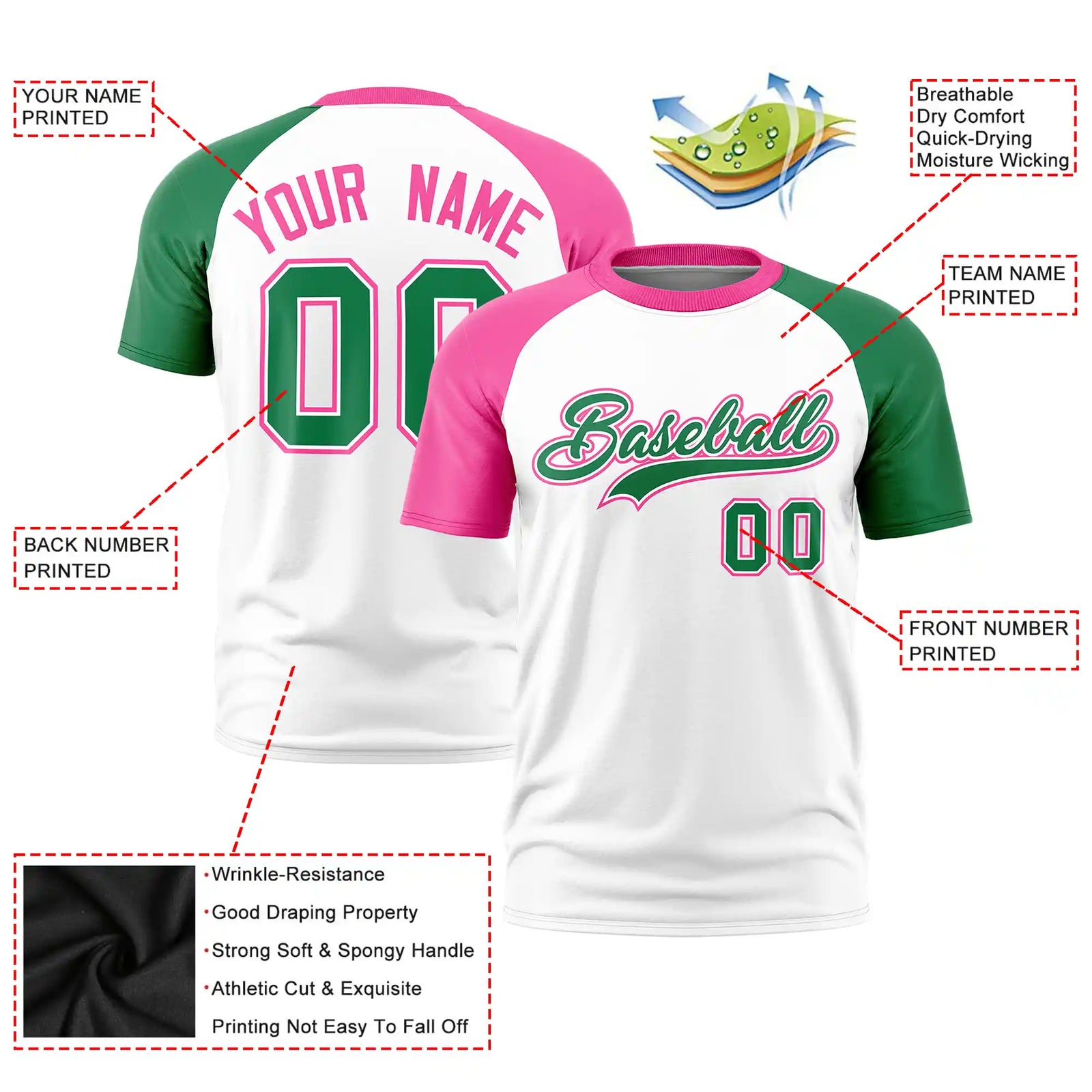 Custom White Pink-Kelly Green Crew Neck Two Tone Sleeve Design  Performance T-Shirt