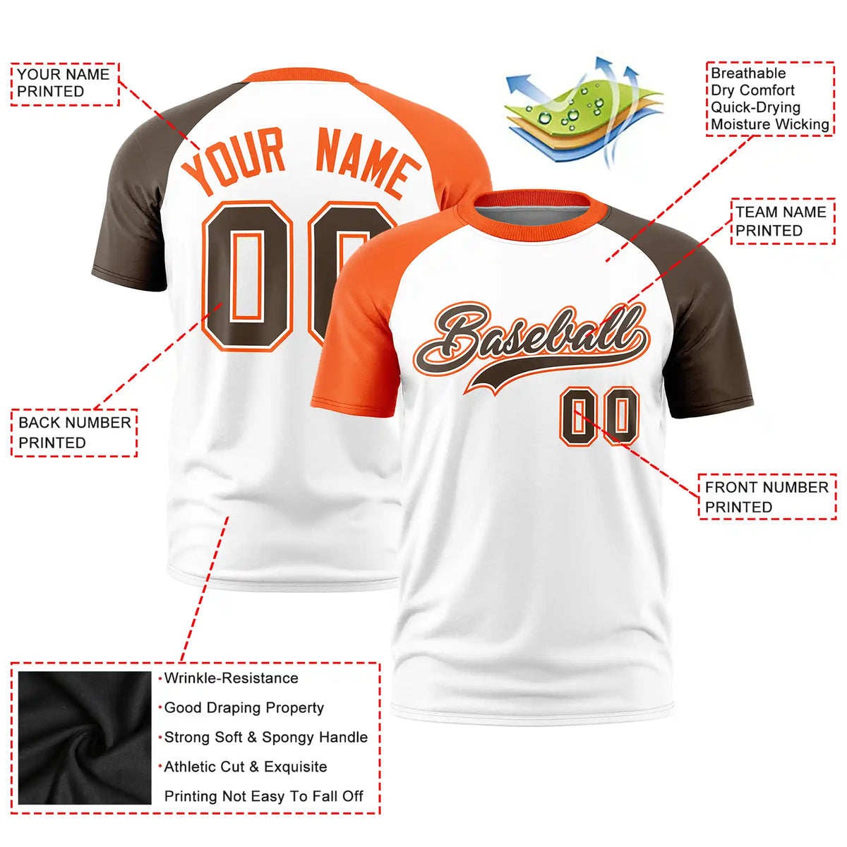 Custom White Orange-Brown Crew Neck Two Tone Sleeve Design  Performance T-Shirt