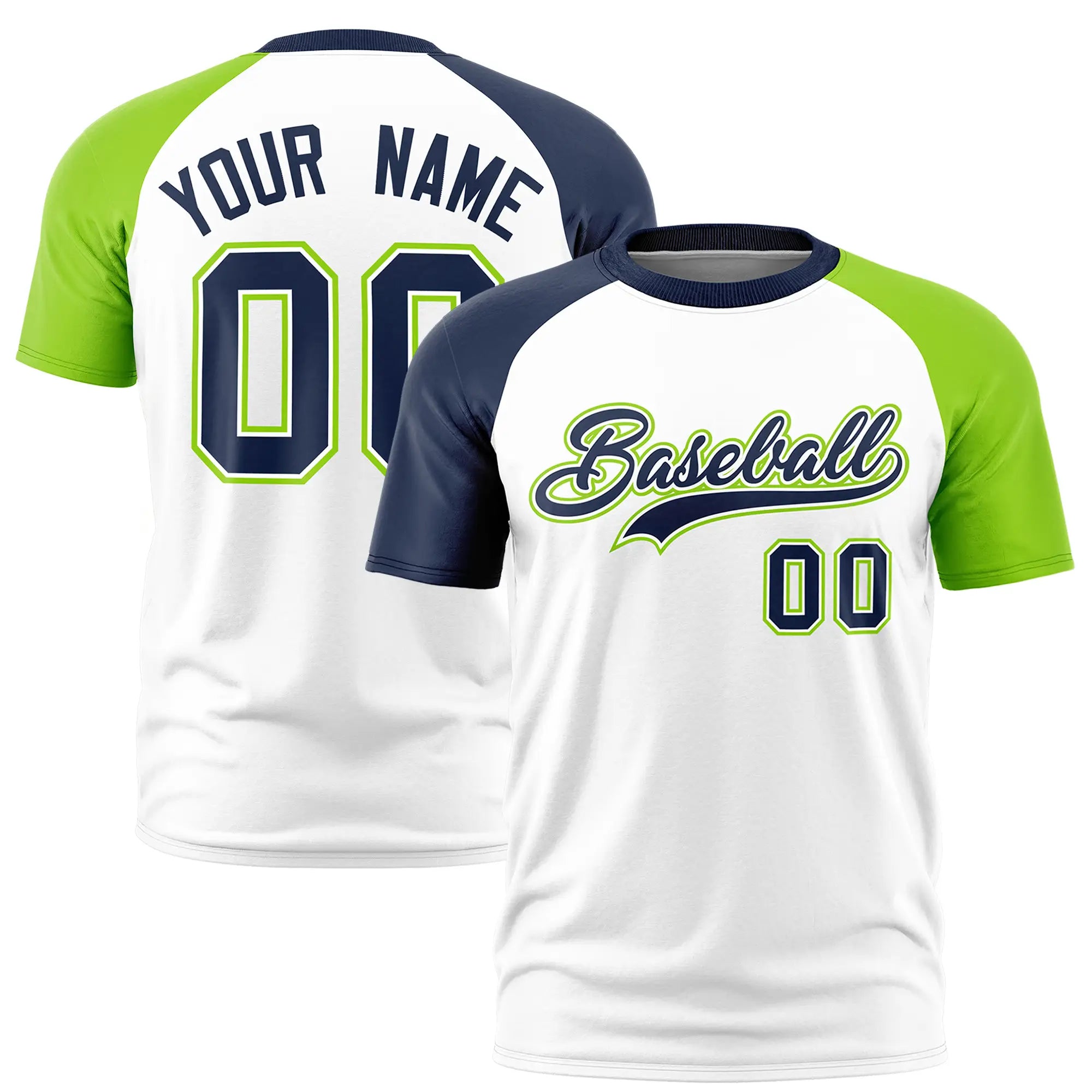 Custom White Navy-Neon Green Crew Neck Two Tone Sleeve Design  Performance T-Shirt