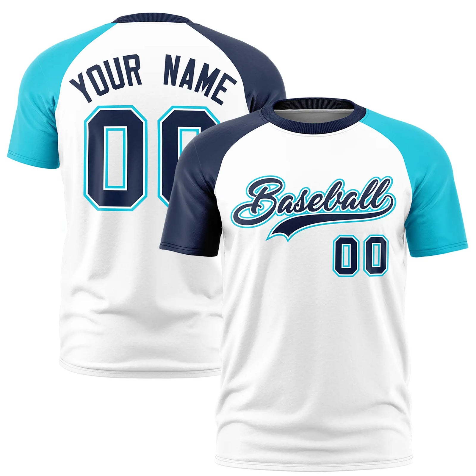Custom White Navy-Sky Blue Crew Neck Two Tone Sleeve Design  Performance T-Shirt