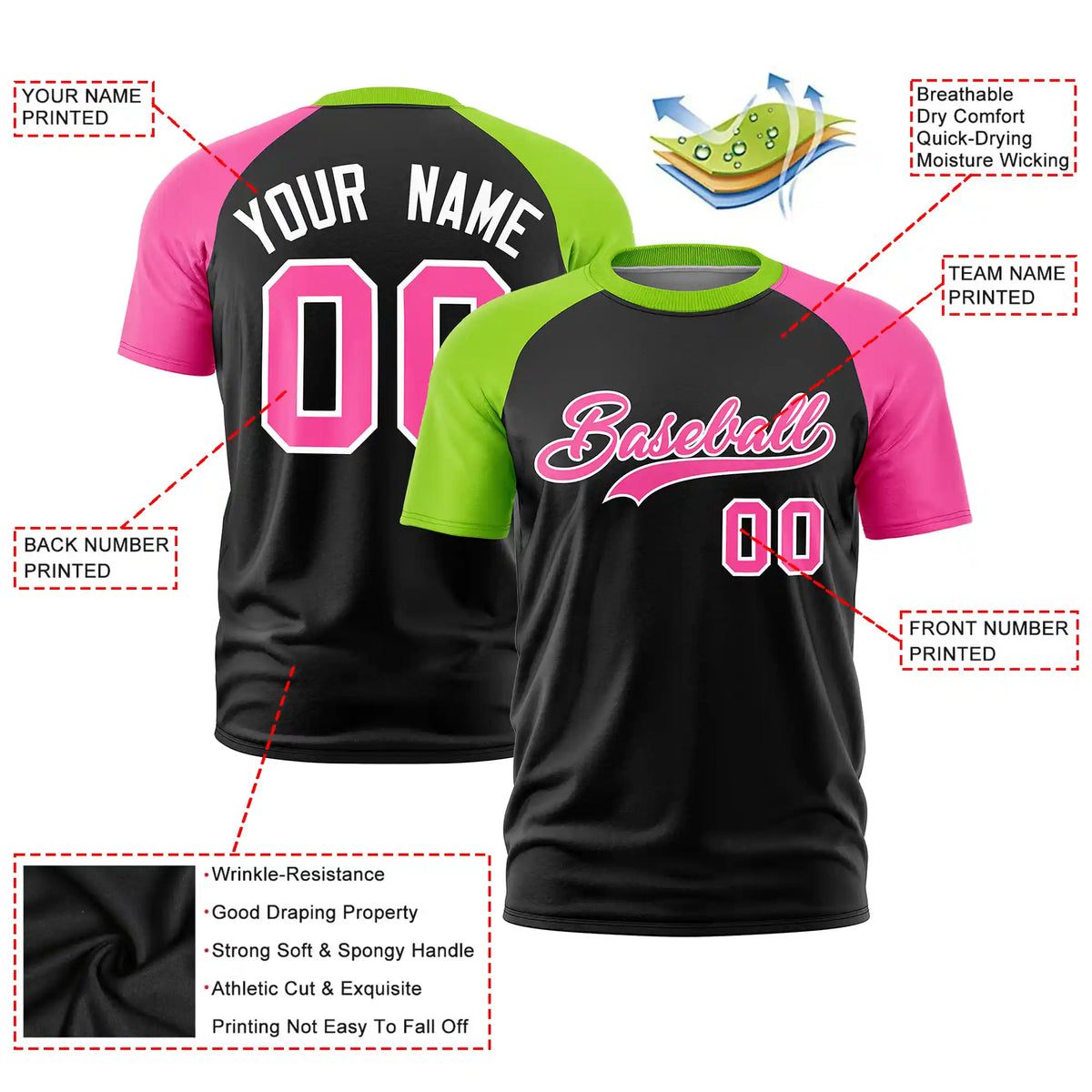 Custom Black Neon Green-Pink Crew Neck Two Tone Sleeve Design  Performance T-Shirt