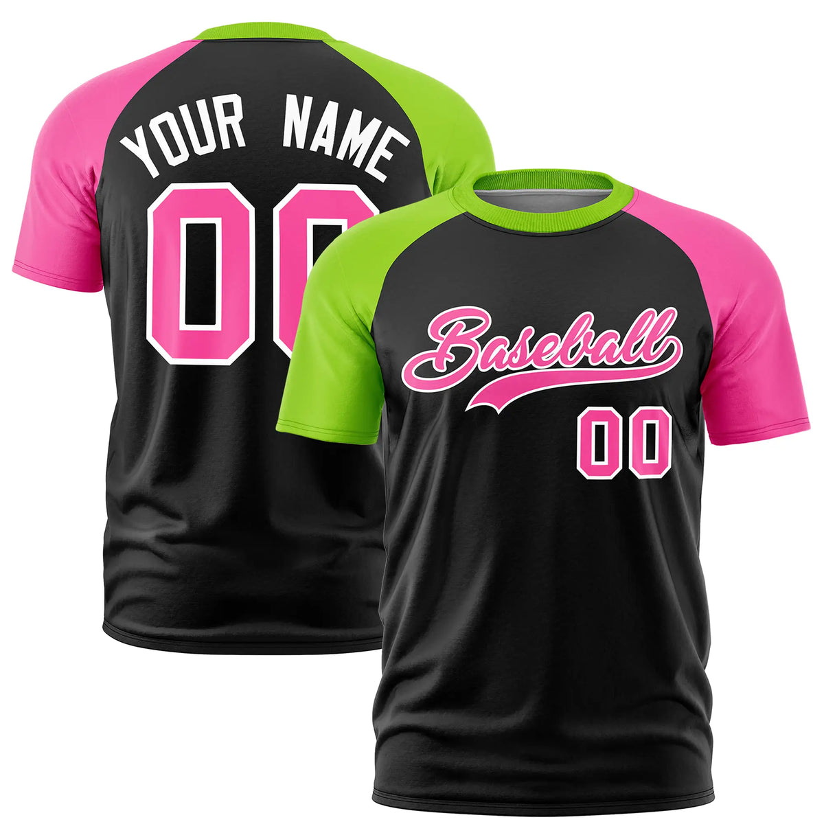 Custom Black Neon Green-Pink Crew Neck Two Tone Sleeve Design  Performance T-Shirt