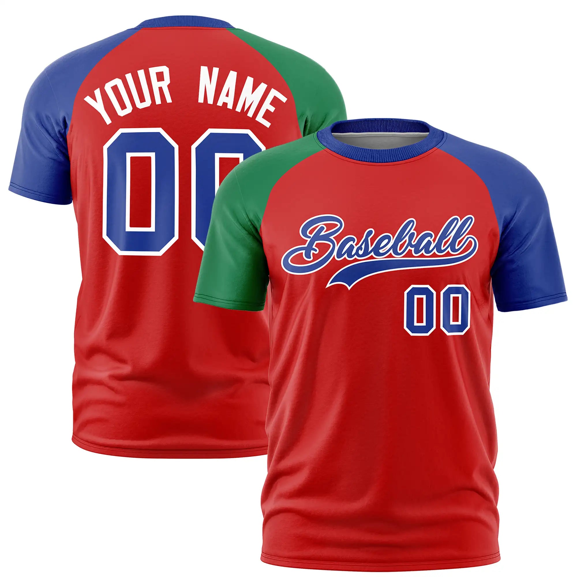 Custom Red Kelly Green-Royal Blue Crew Neck Two Tone Sleeve Design  Performance T-Shirt