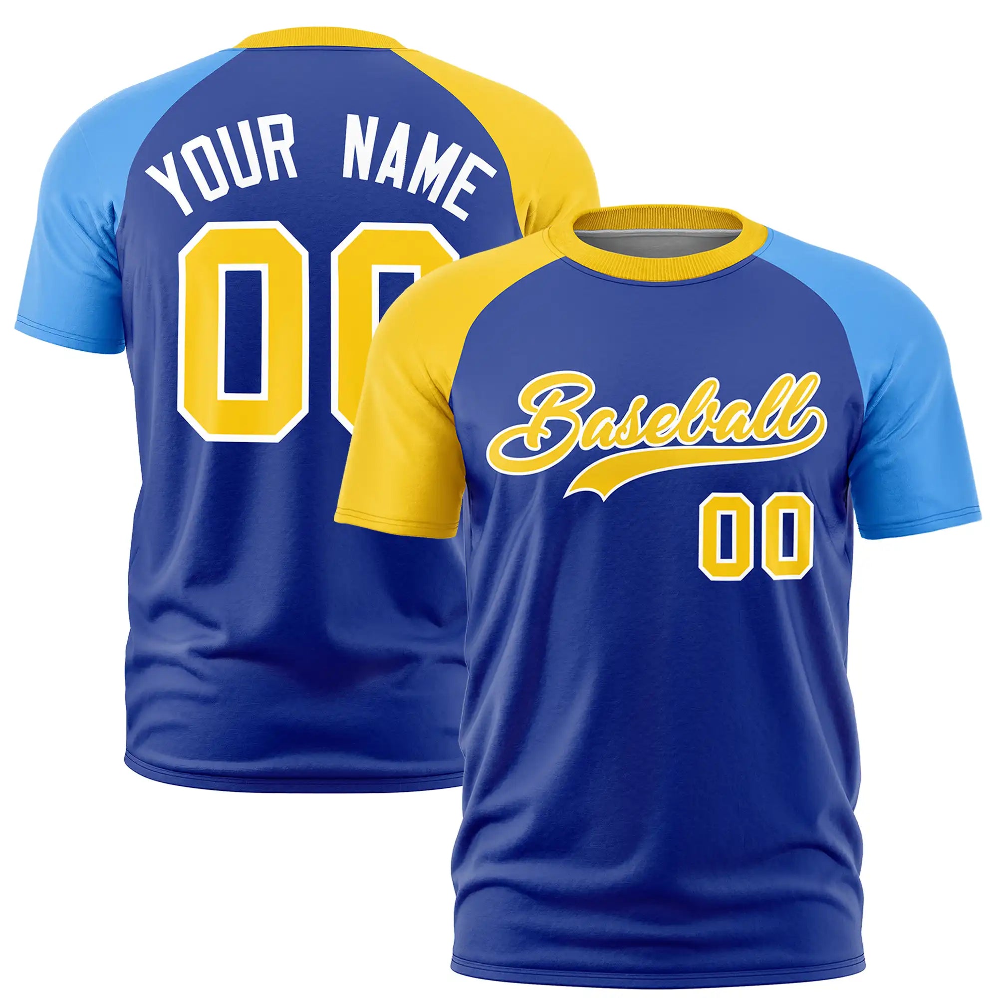 Custom Royal Blue Gold01-Powder Blue Crew Neck Two Tone Sleeve Design  Performance T-Shirt