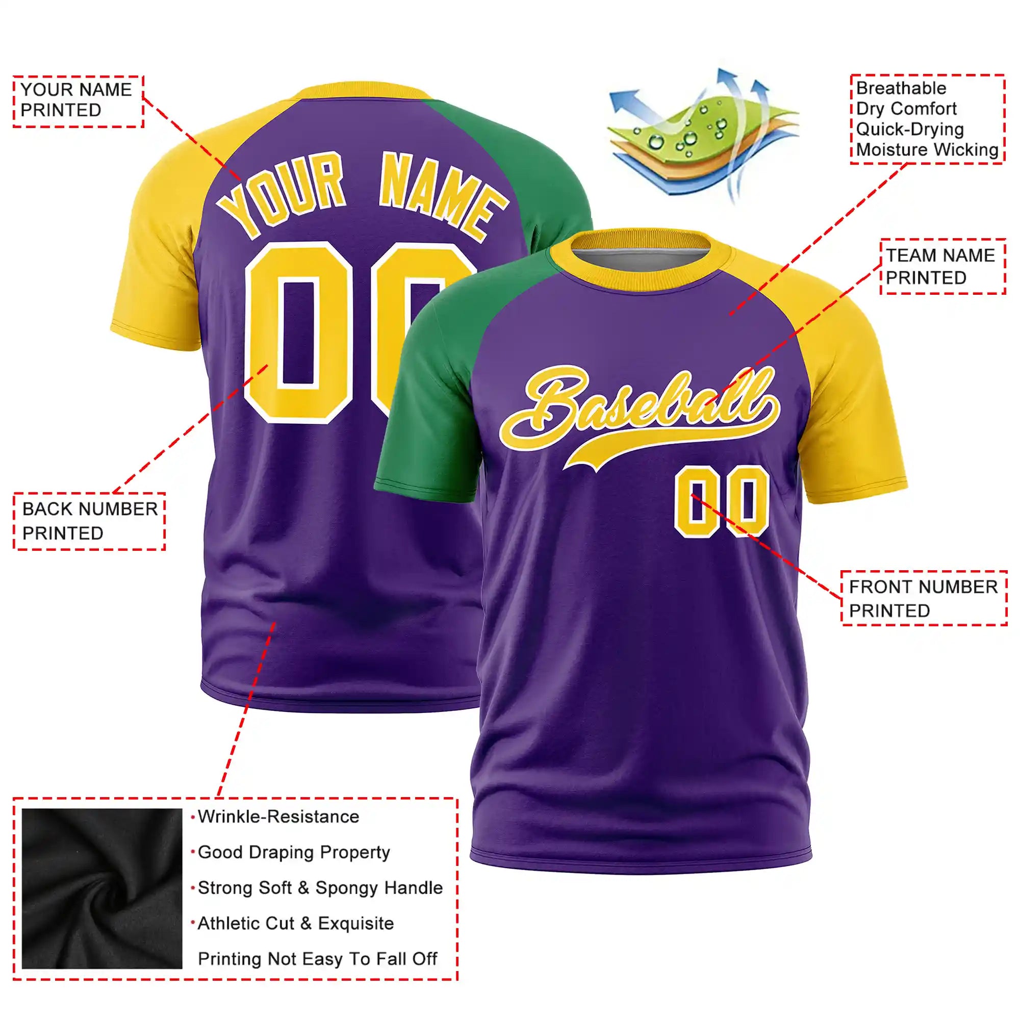 Custom Purple Kelly Green-Gold01 Crew Neck Two Tone Sleeve Design  Performance T-Shirt