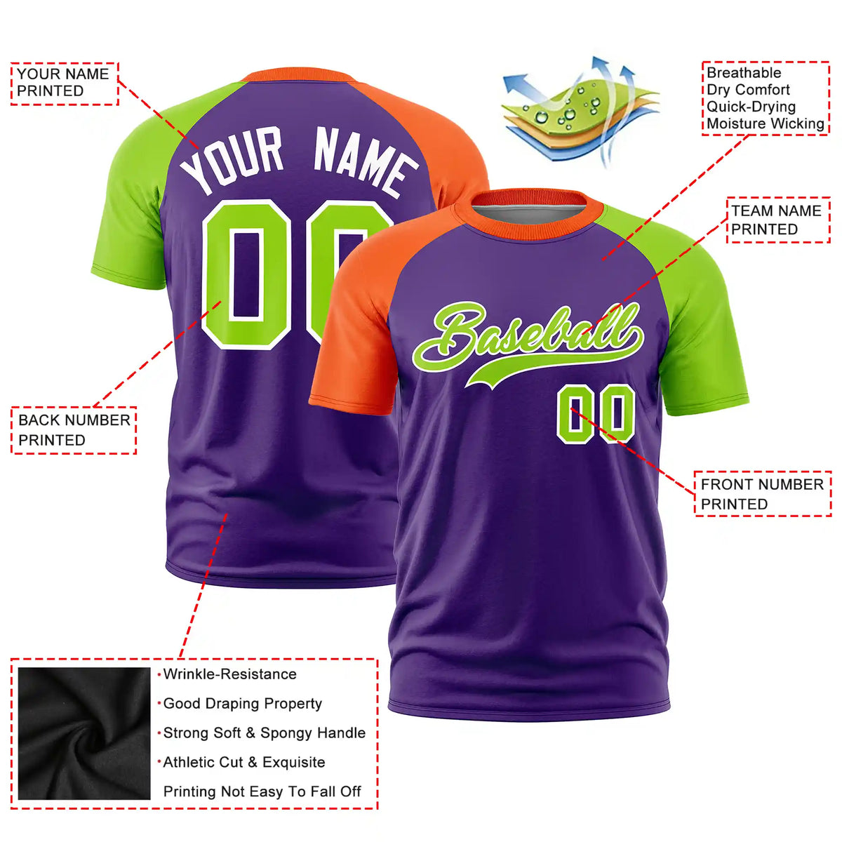 Custom Purple Orange-Neon Green Crew Neck Two Tone Sleeve Design  Performance T-Shirt