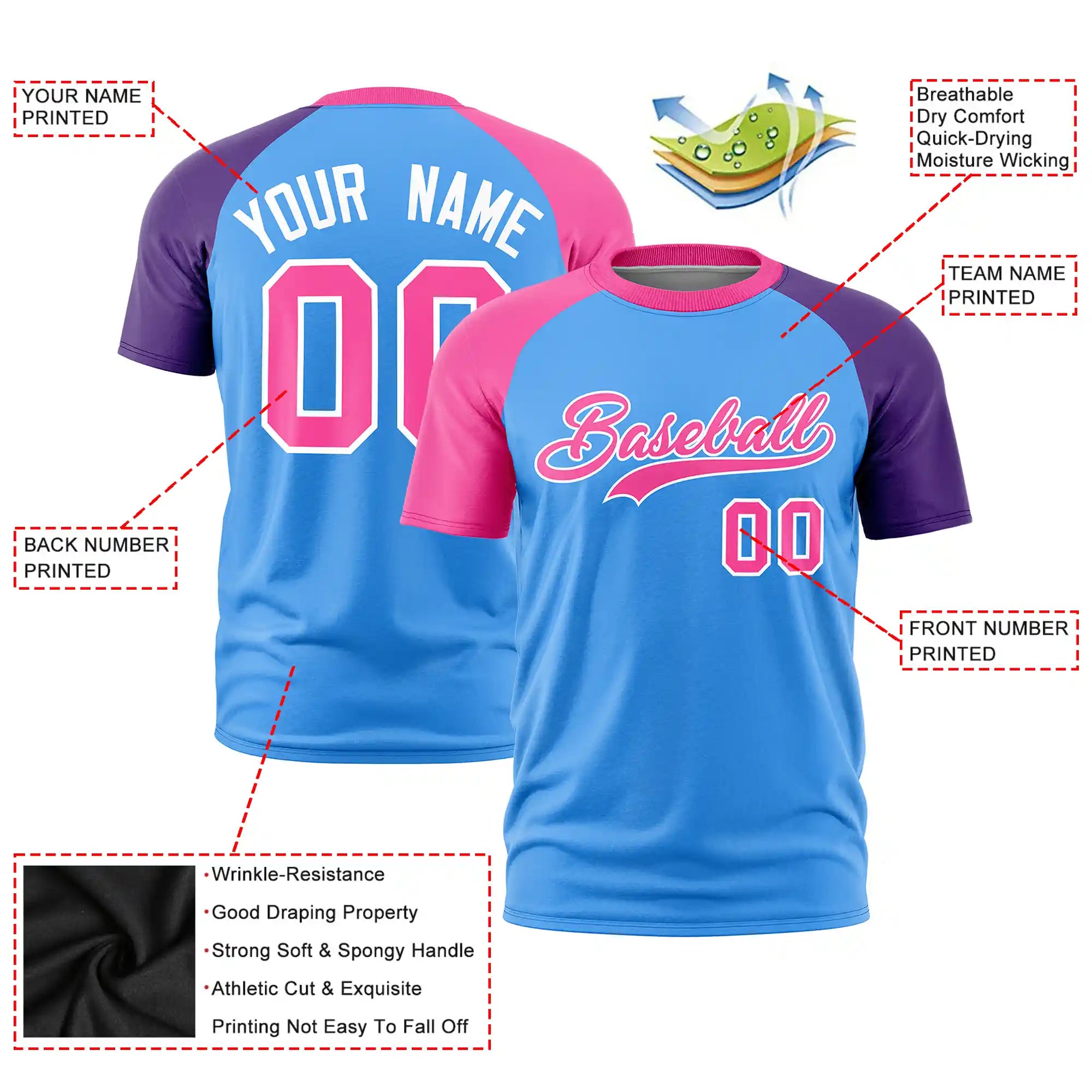 Custom Powder Blue Pink-Purple Crew Neck Two Tone Sleeve Design  Performance T-Shirt