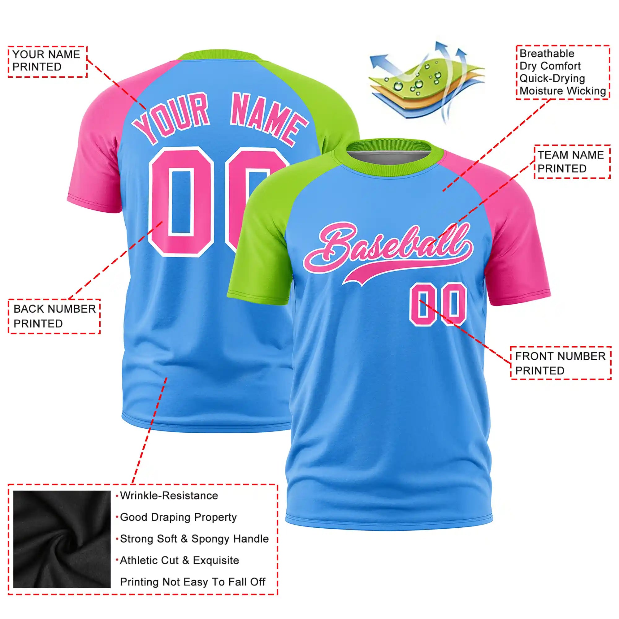 Custom Powder Blue Neon Green-Pink Crew Neck Two Tone Sleeve Design  Performance T-Shirt