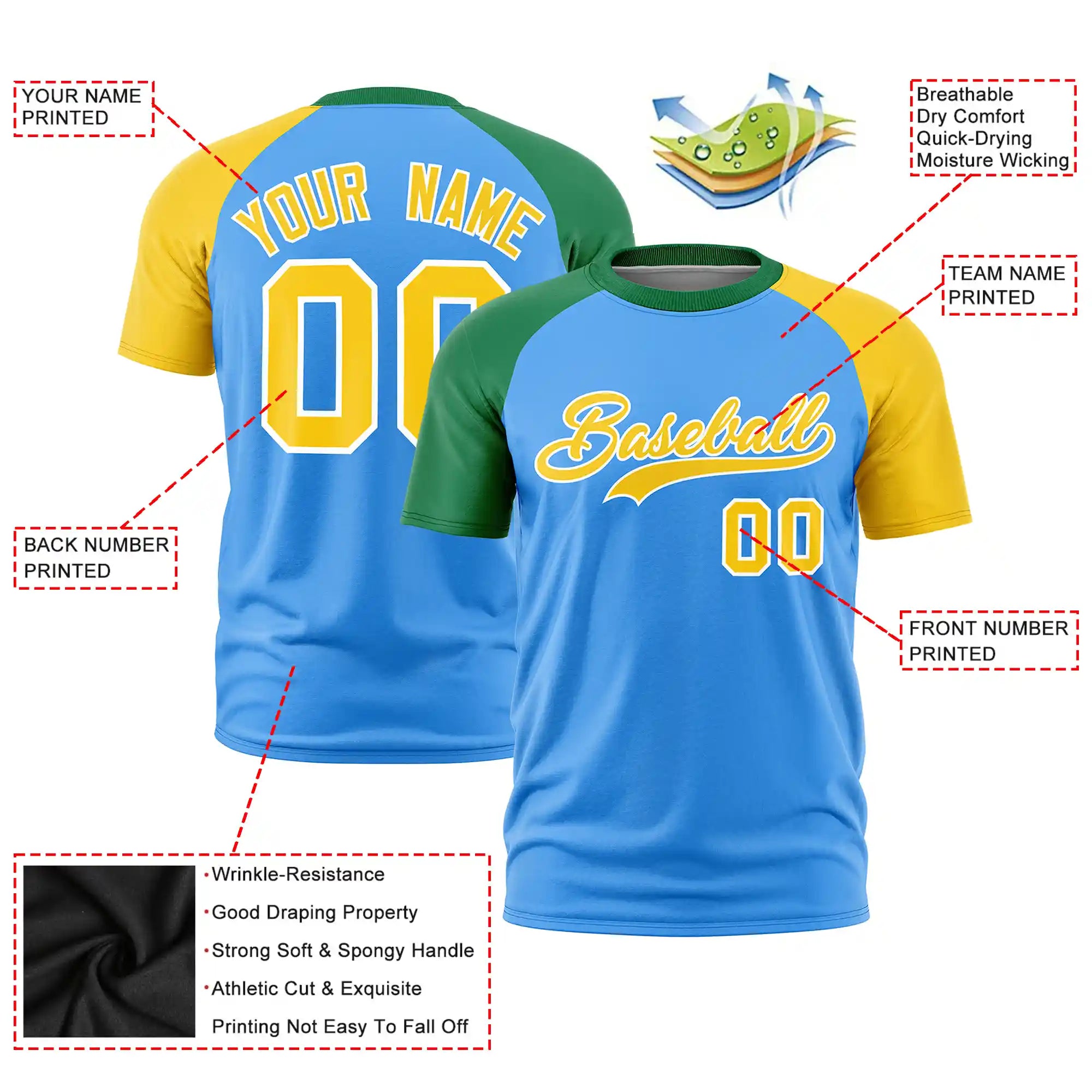 Custom Powder Blue Kelly Green-Gold01 Crew Neck Two Tone Sleeve Design  Performance T-Shirt