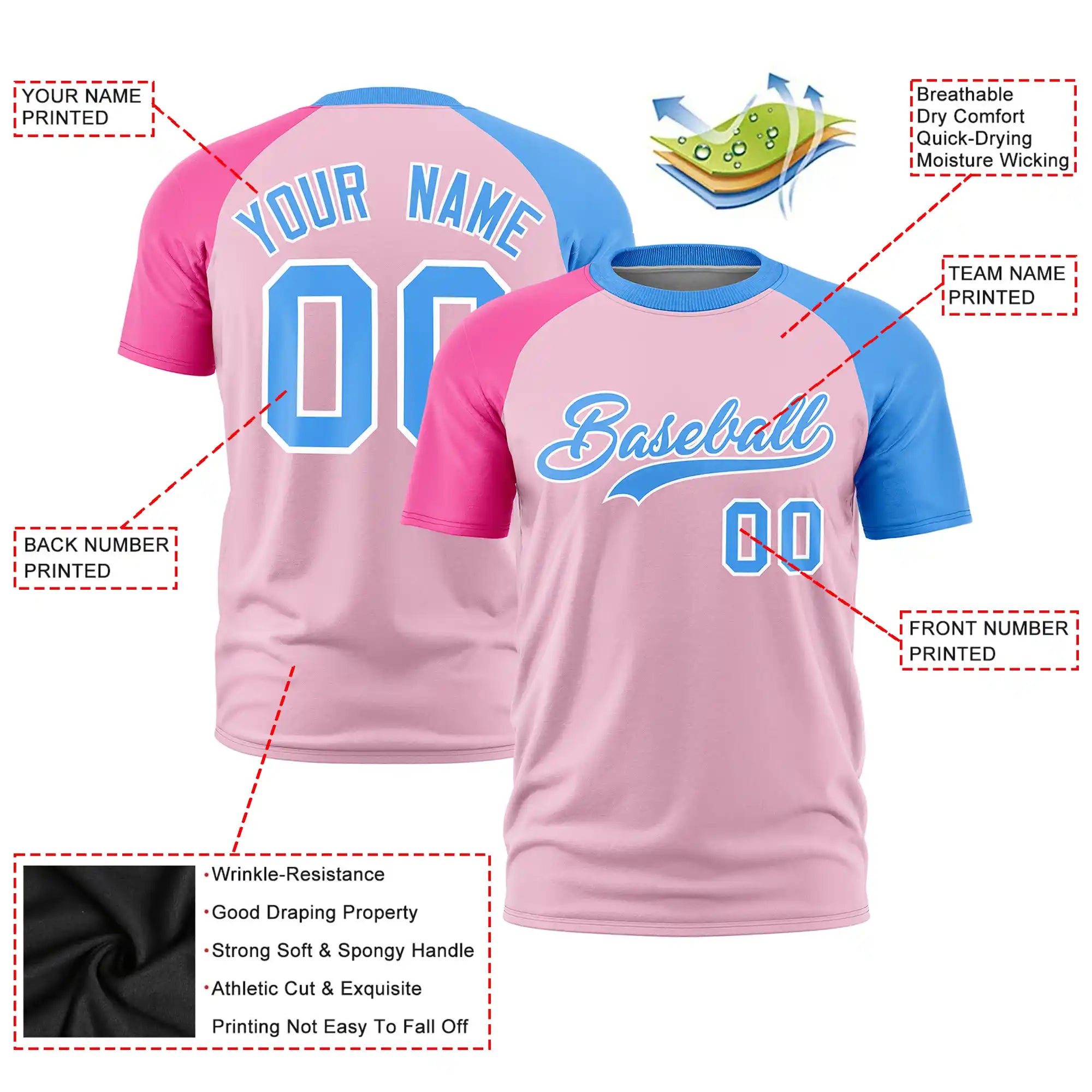 Custom Light Pink Pink-Powder Blue Crew Neck Two Tone Sleeve Design  Performance T-Shirt