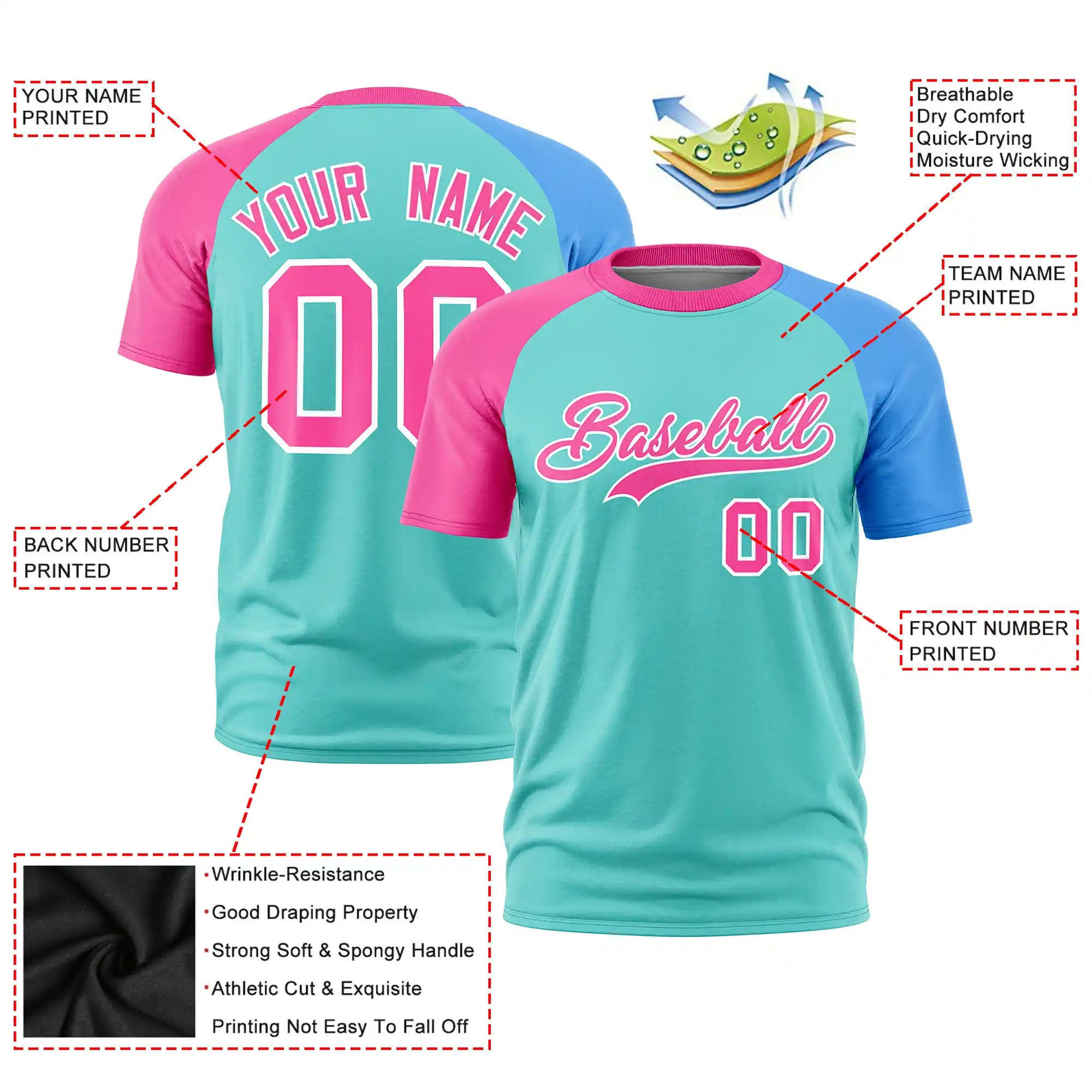 Custom Bright Green Pink-Powder Blue Crew Neck Two Tone Sleeve Design  Performance T-Shirt