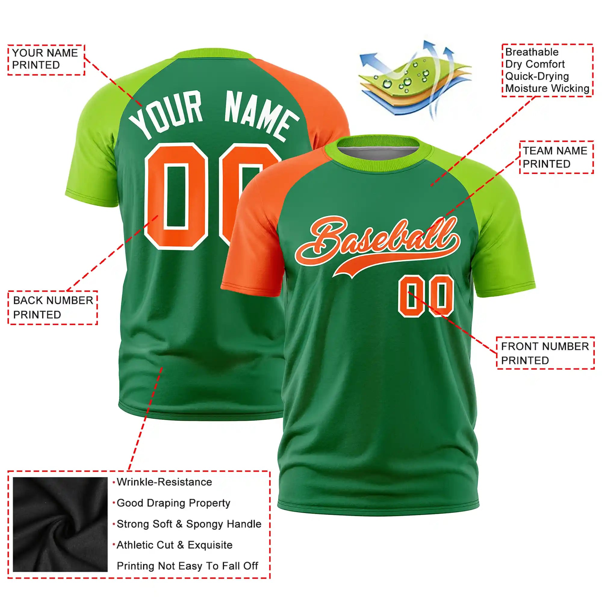 Custom Kelly Green Orange-Neon Green Crew Neck Two Tone Sleeve Design  Performance T-Shirt