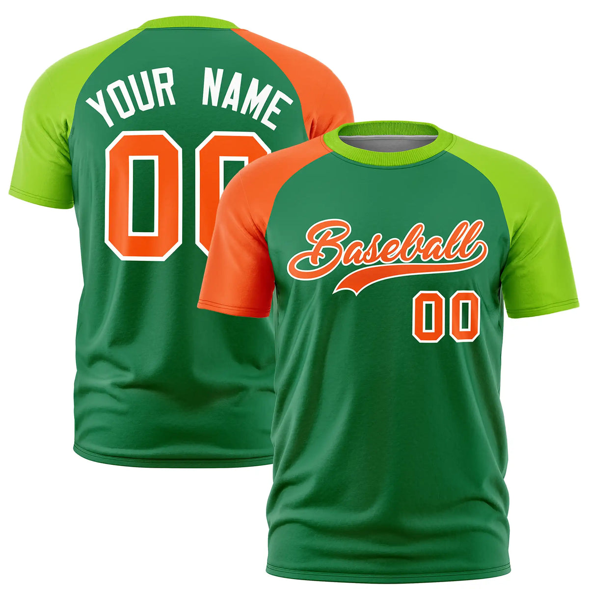 Custom Kelly Green Orange-Neon Green Crew Neck Two Tone Sleeve Design  Performance T-Shirt