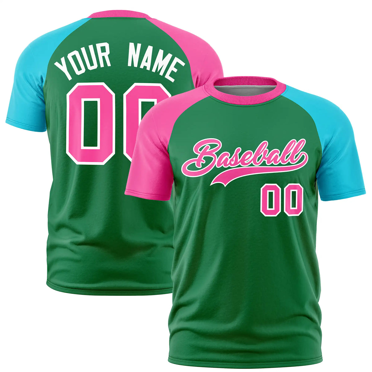 Custom Kelly Green Pink-Sky Blue Crew Neck Two Tone Sleeve Design  Performance T-Shirt