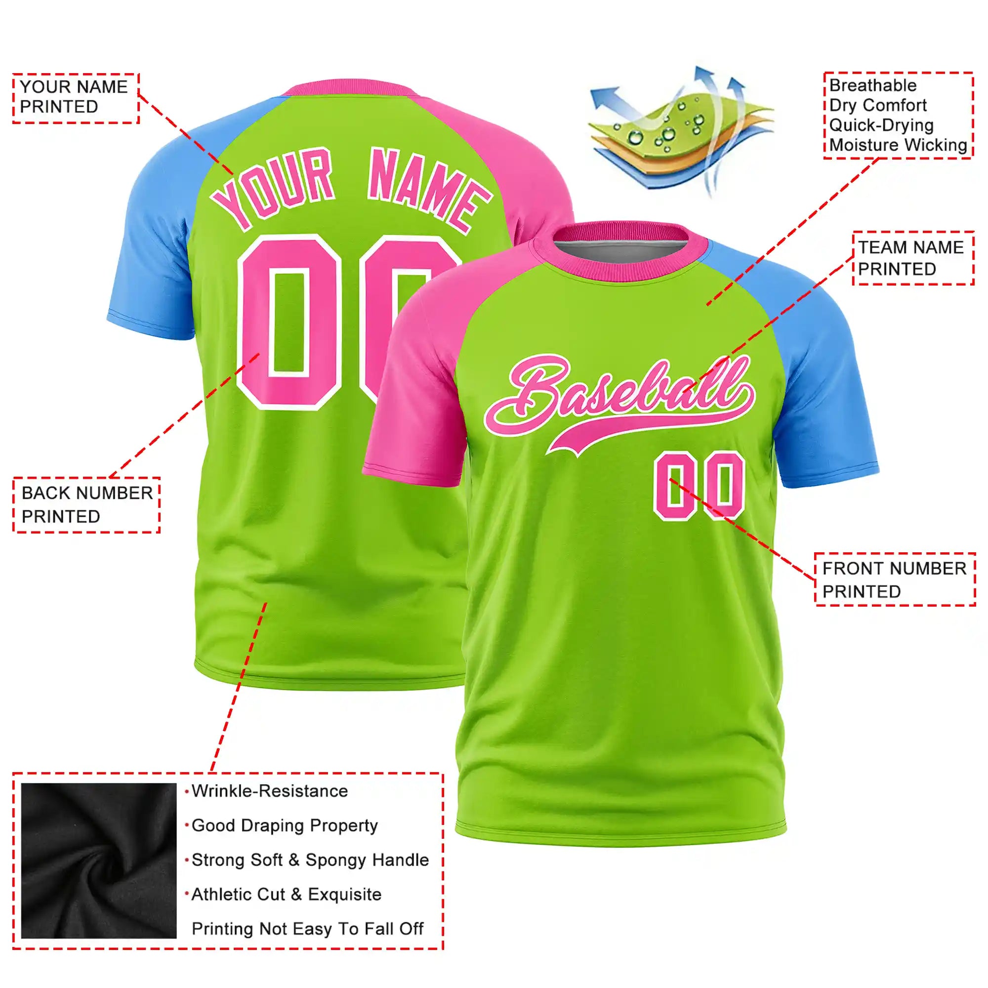 Custom Neon Green Pink-Powder Blue Crew Neck Two Tone Sleeve Design  Performance T-Shirt