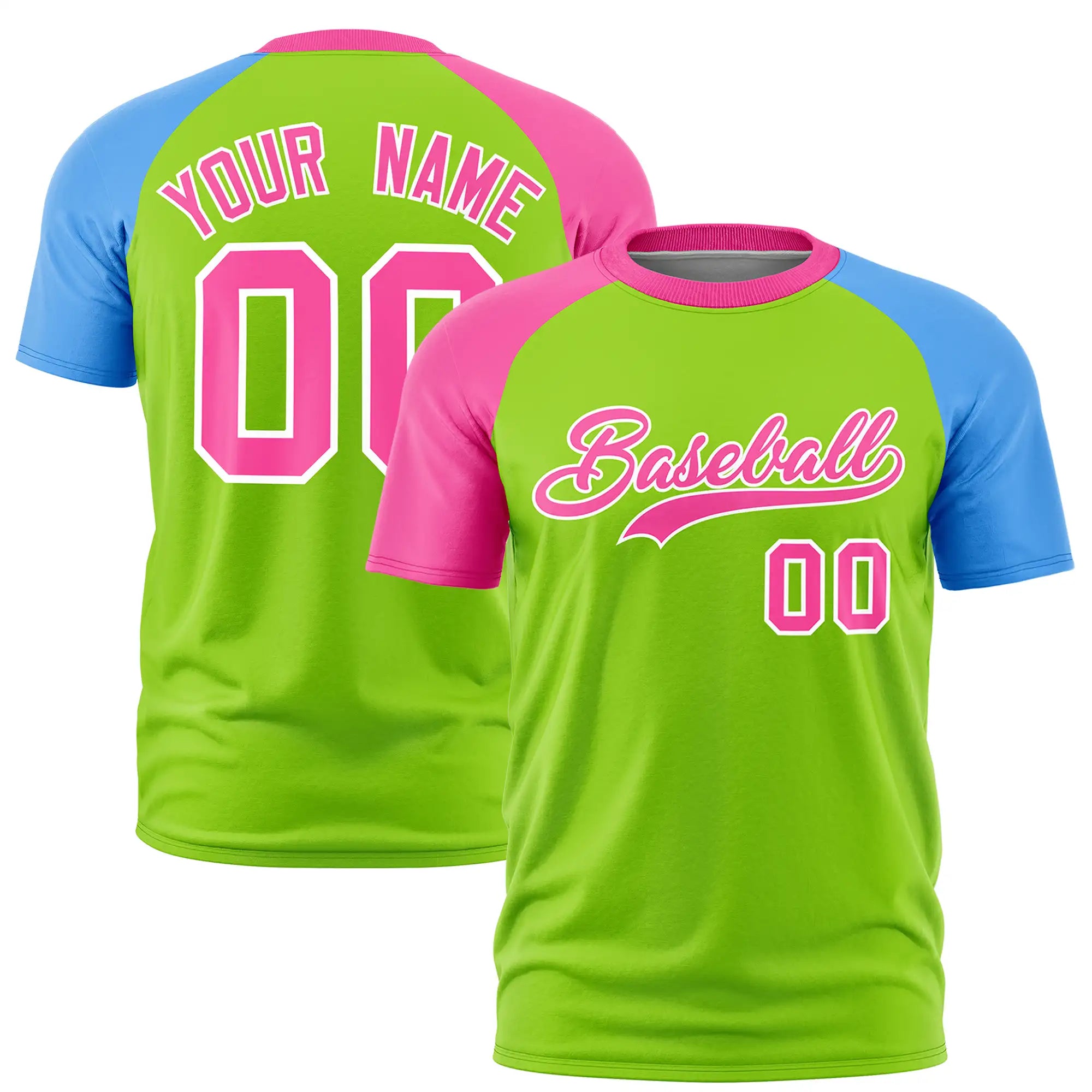 Custom Neon Green Pink-Powder Blue Crew Neck Two Tone Sleeve Design  Performance T-Shirt