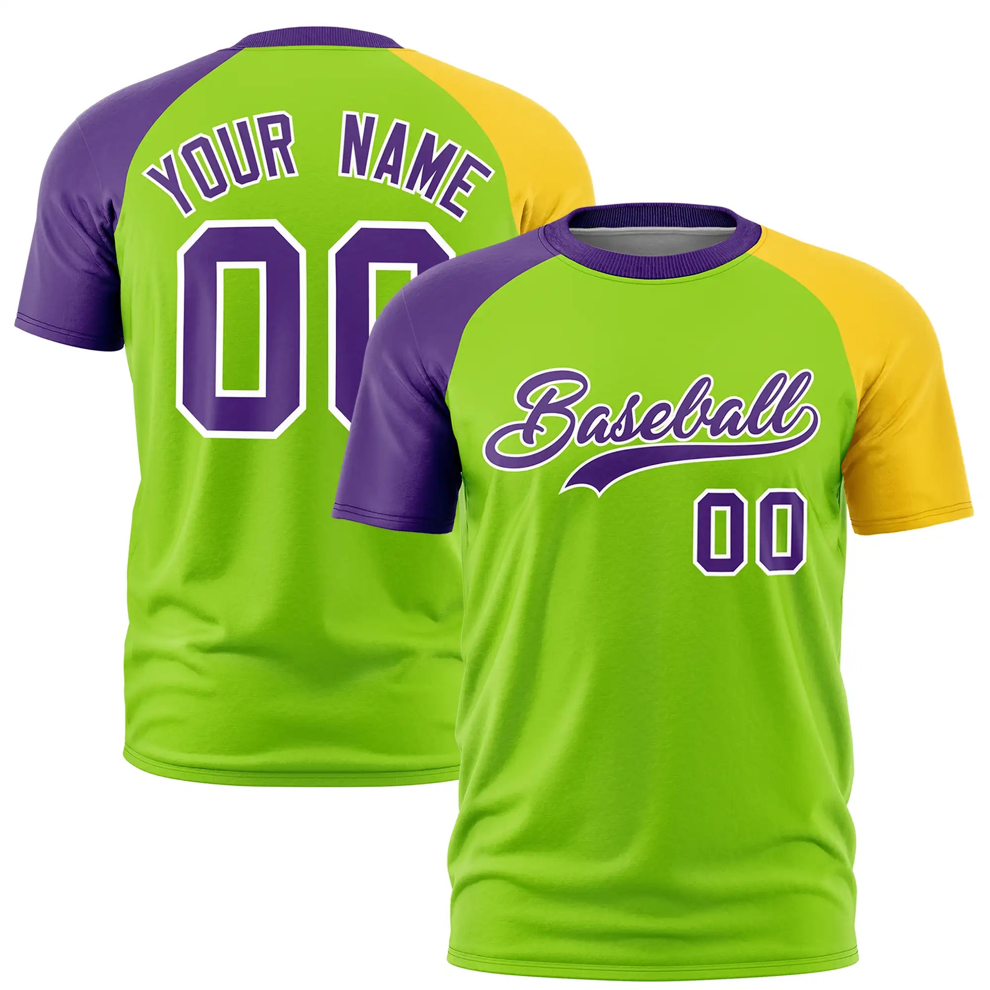 Custom Neon Green Purple-Gold01 Crew Neck Two Tone Sleeve Design  Performance T-Shirt