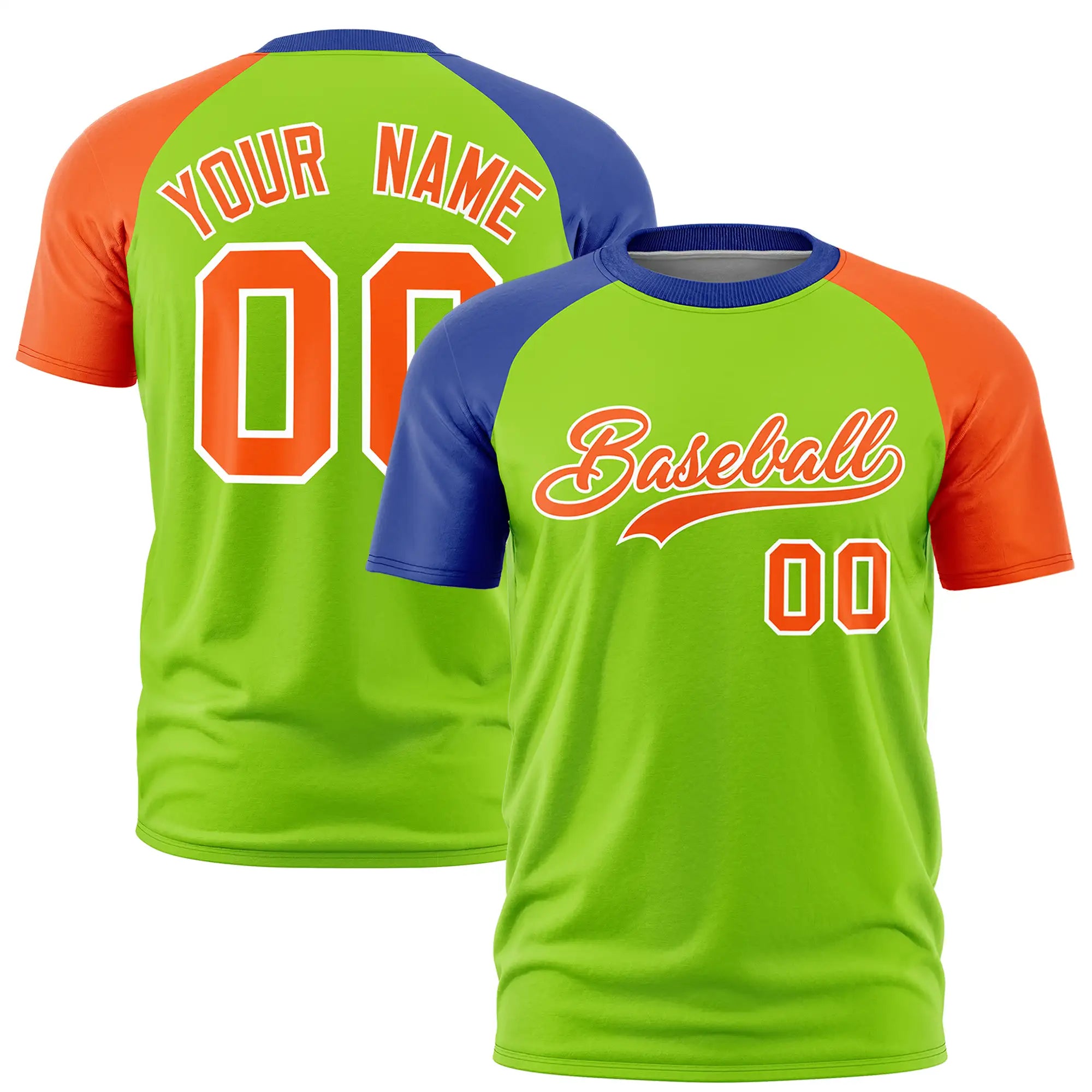 Custom Neon Green Royal Blue-Orange Crew Neck Two Tone Sleeve Design  Performance T-Shirt