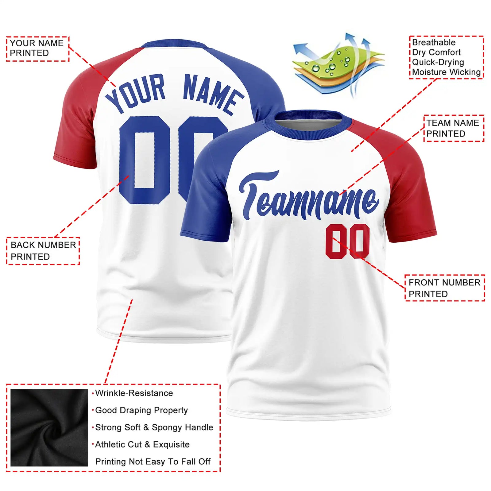 Custom White Royal Blue-Red Crew Neck Two Tone Sleeve Design  Performance T-Shirt