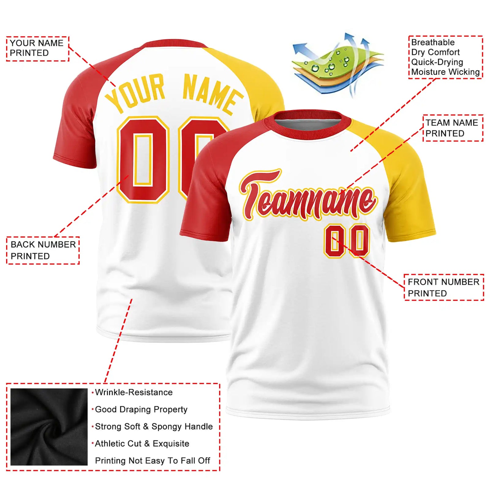 Custom White Red-Gold01 Crew Neck Two Tone Sleeve Design  Performance T-Shirt