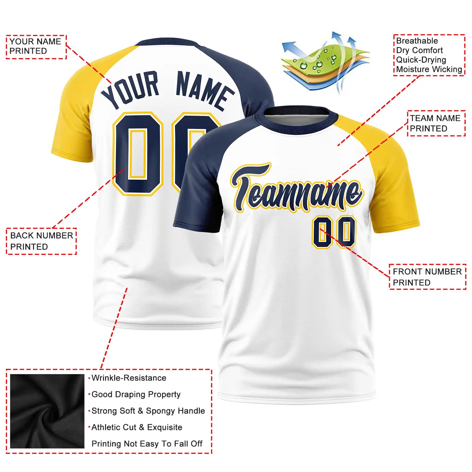 Custom White Navy-Gold01 Crew Neck Two Tone Sleeve Design  Performance T-Shirt