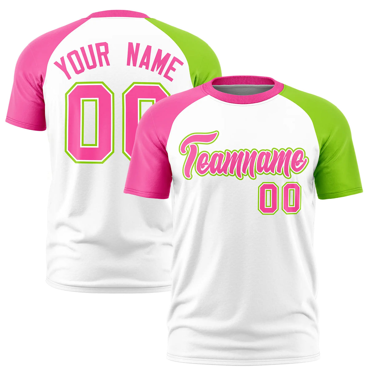 Custom White Pink-Neon Green Crew Neck Two Tone Sleeve Design  Performance T-Shirt