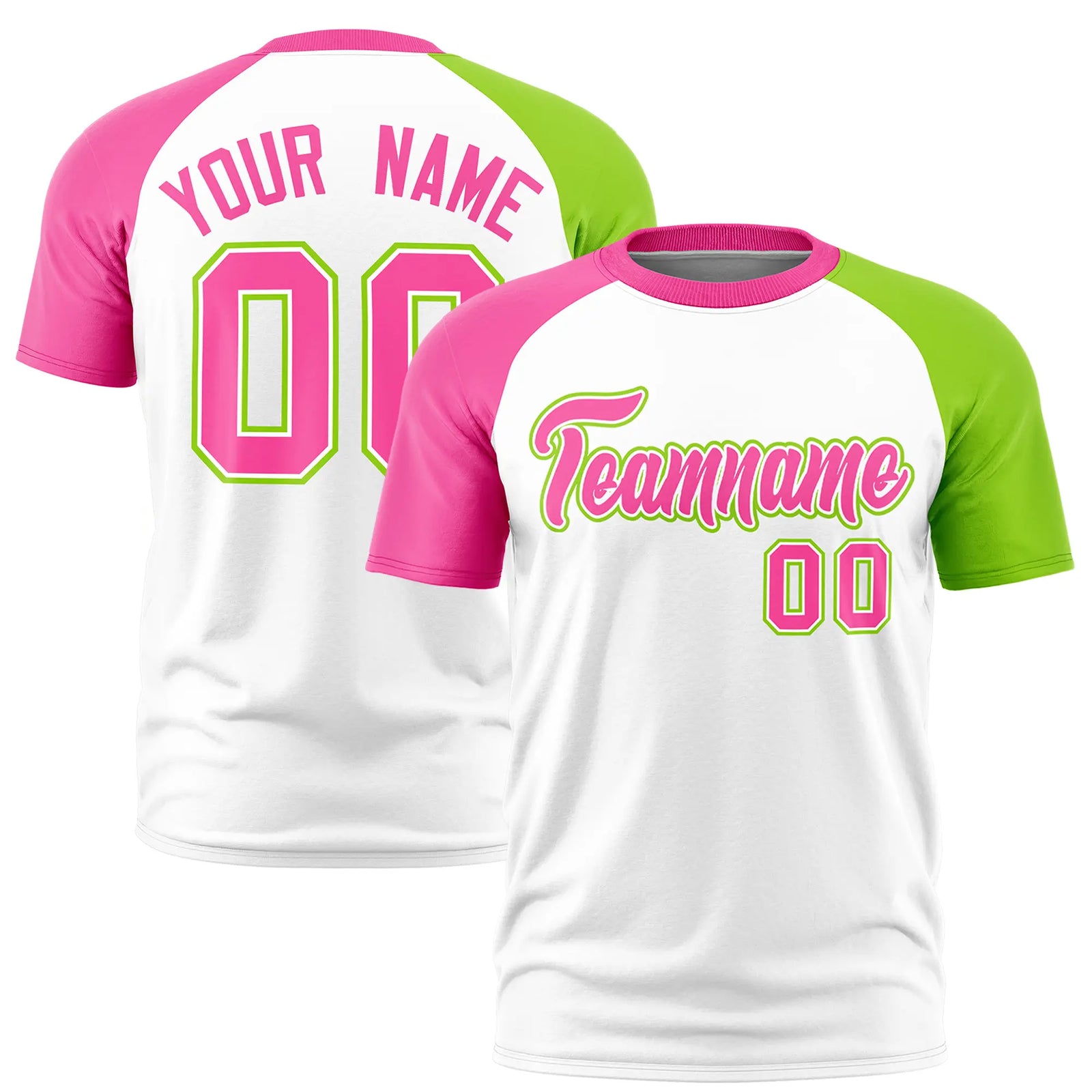 Custom White Pink-Neon Green Crew Neck Two Tone Sleeve Design  Performance T-Shirt
