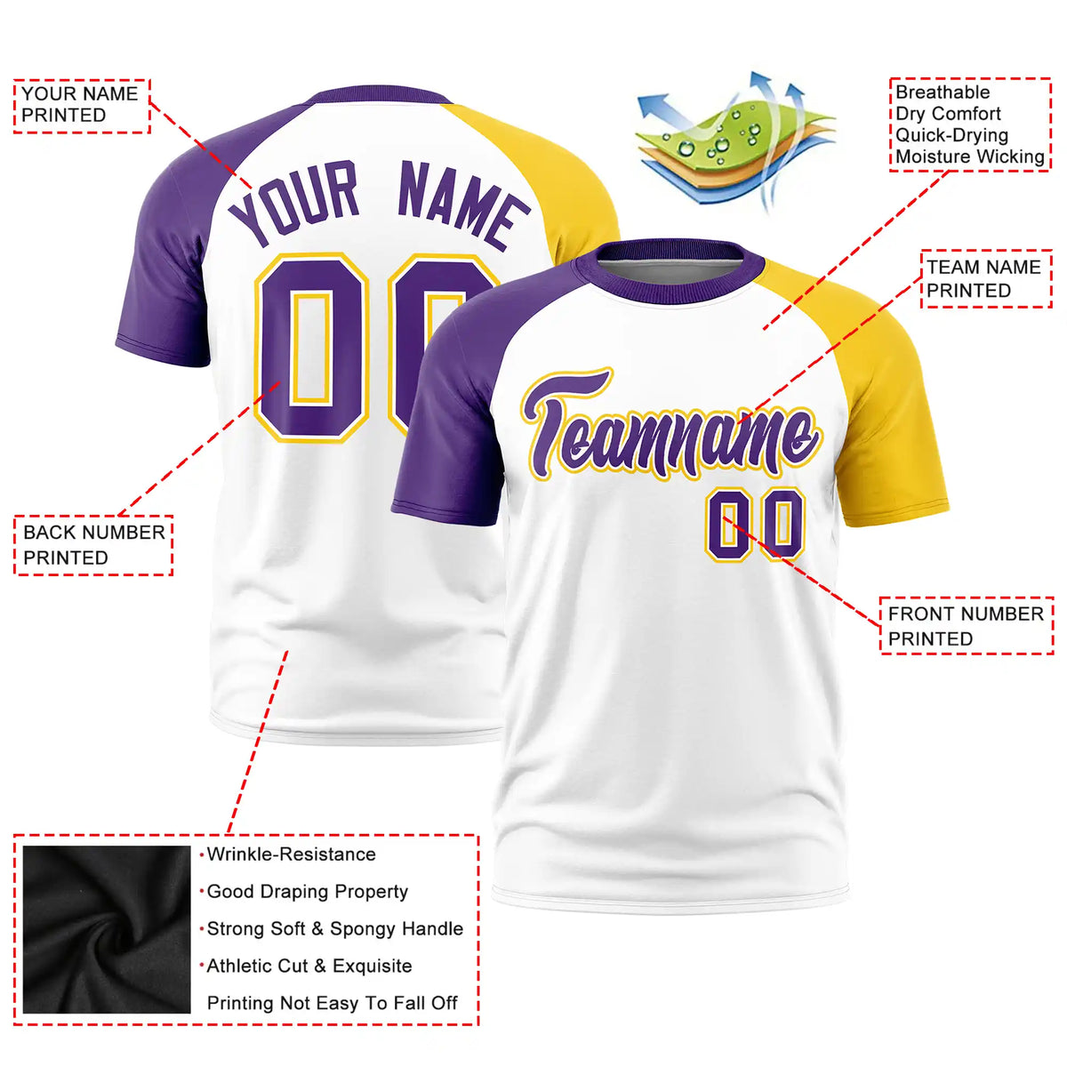 Custom White Purple-Gold01 Crew Neck Two Tone Sleeve Design  Performance T-Shirt