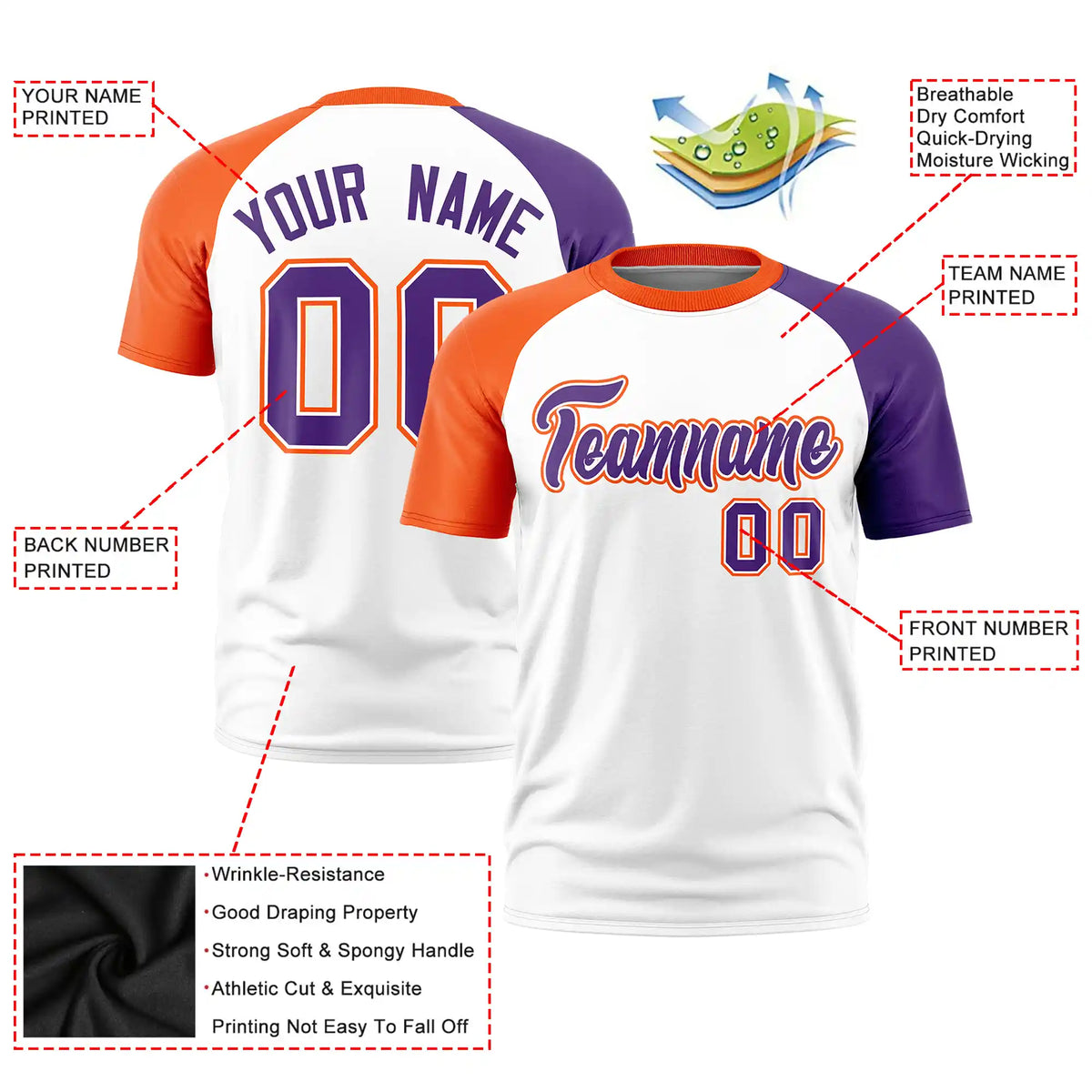 Custom White Orange-Purple Crew Neck Two Tone Sleeve Design  Performance T-Shirt
