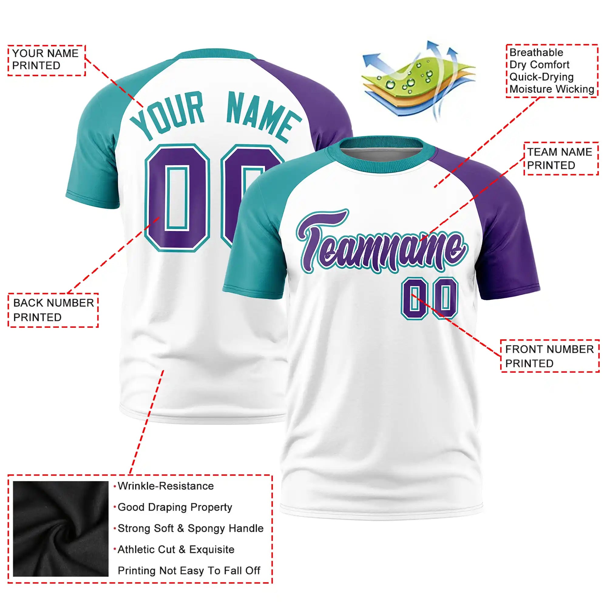 Custom White Aqua-Purple Crew Neck Two Tone Sleeve Design  Performance T-Shirt