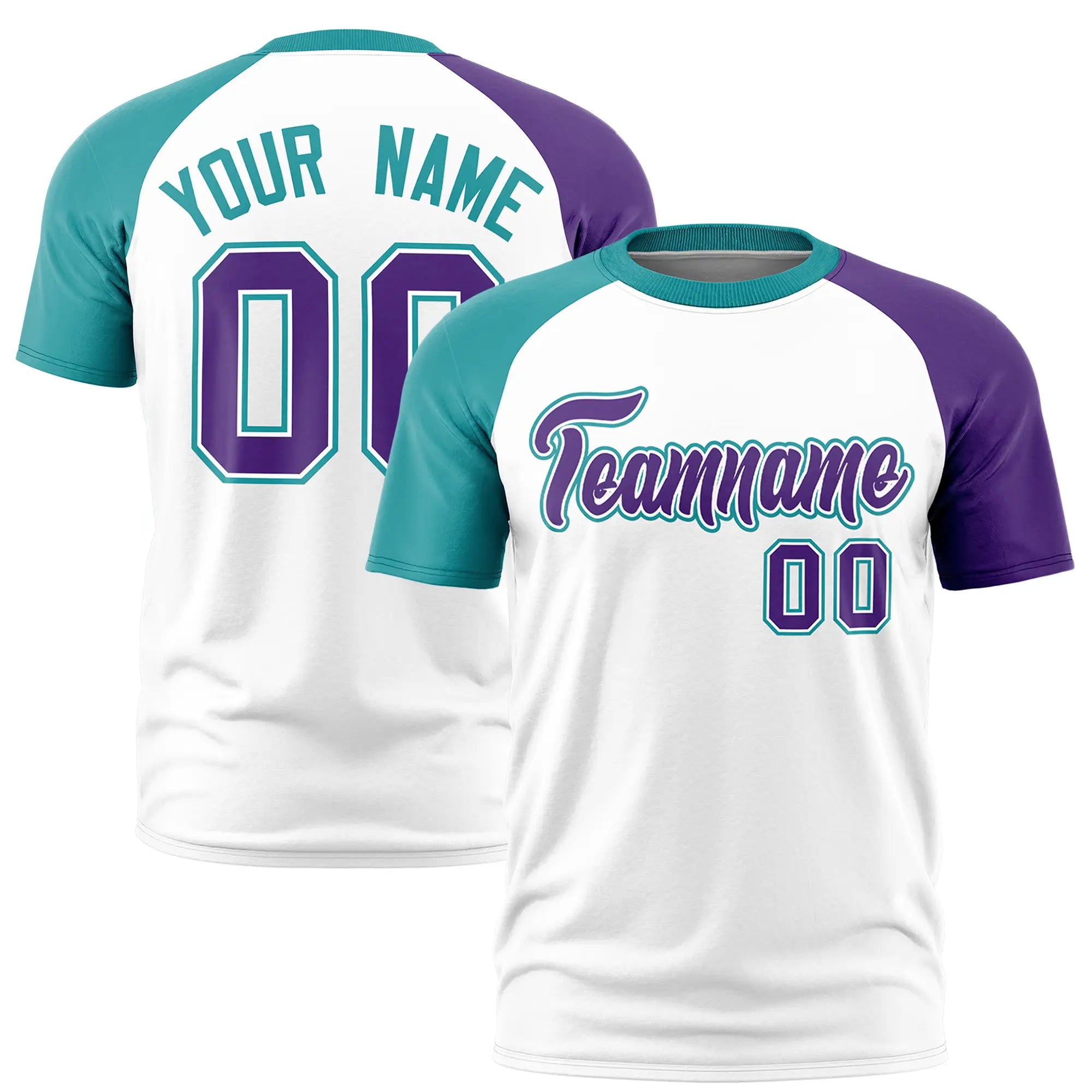 Custom White Aqua-Purple Crew Neck Two Tone Sleeve Design  Performance T-Shirt