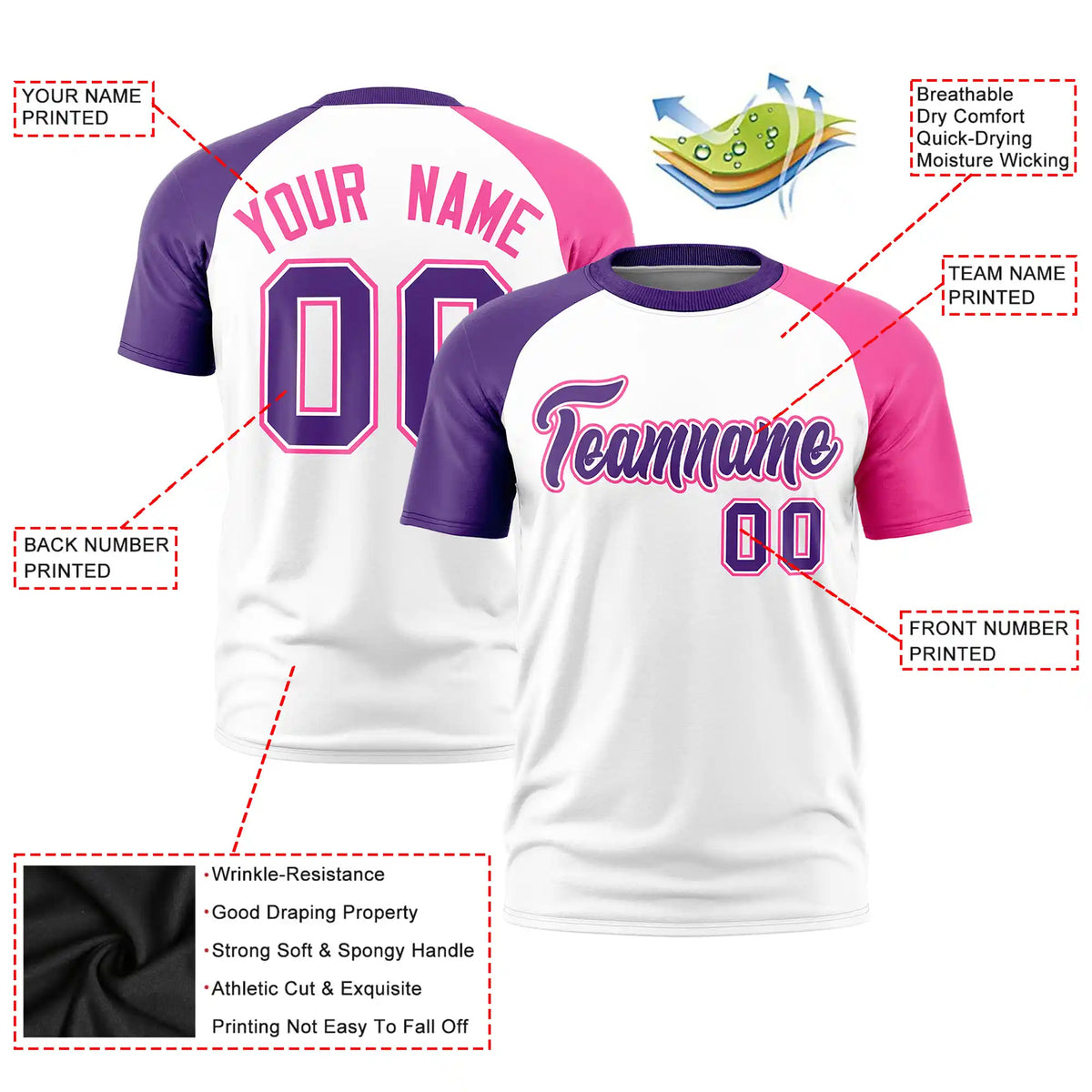 Custom White Purple-Pink Crew Neck Two Tone Sleeve Design  Performance T-Shirt