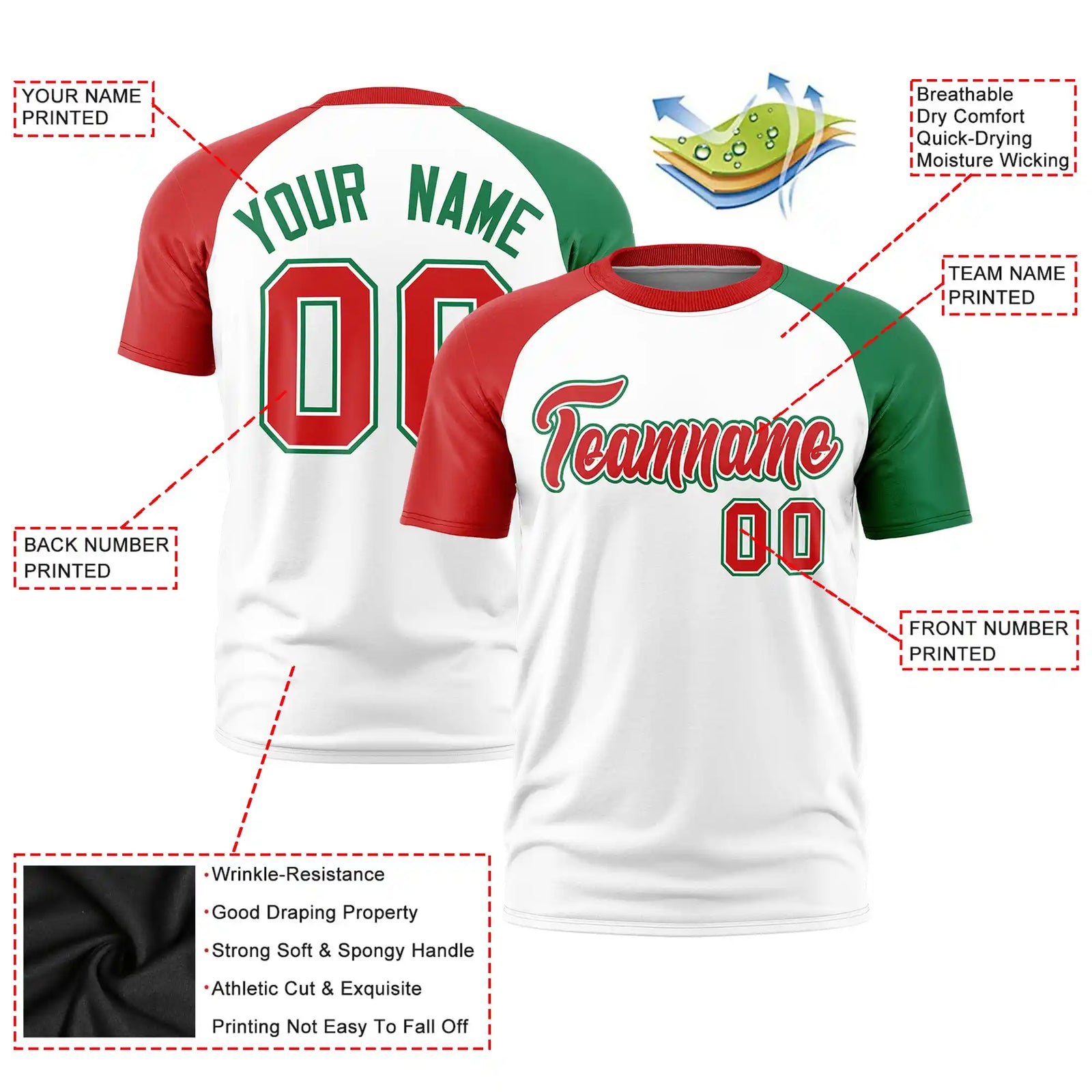 Custom White Red-Kelly Green Crew Neck Two Tone Sleeve Design  Performance T-Shirt