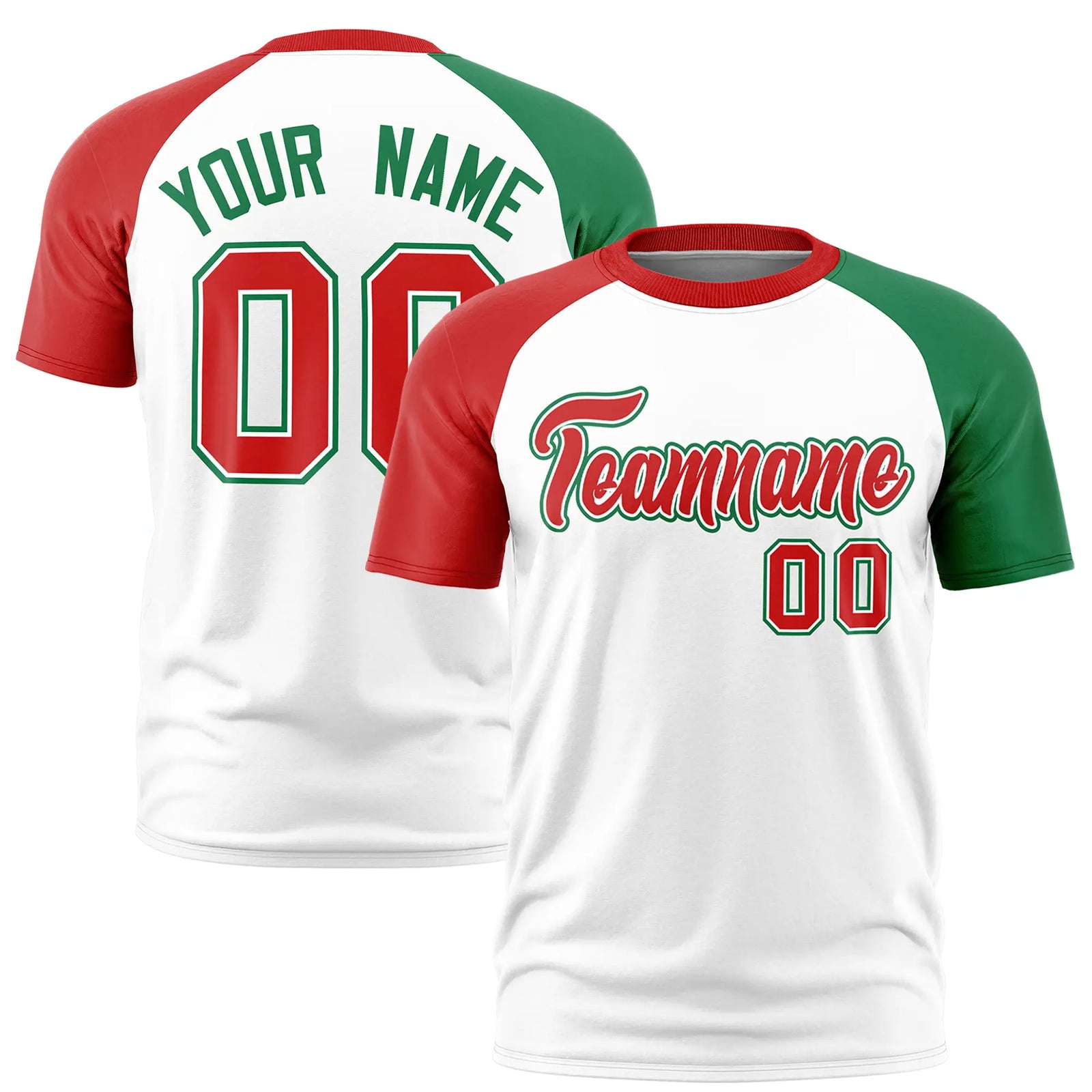 Custom White Red-Kelly Green Crew Neck Two Tone Sleeve Design  Performance T-Shirt