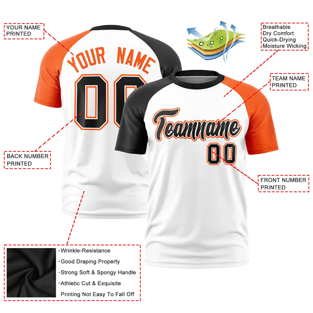 Custom White Black-Orange Crew Neck Two Tone Sleeve Design  Performance T-Shirt