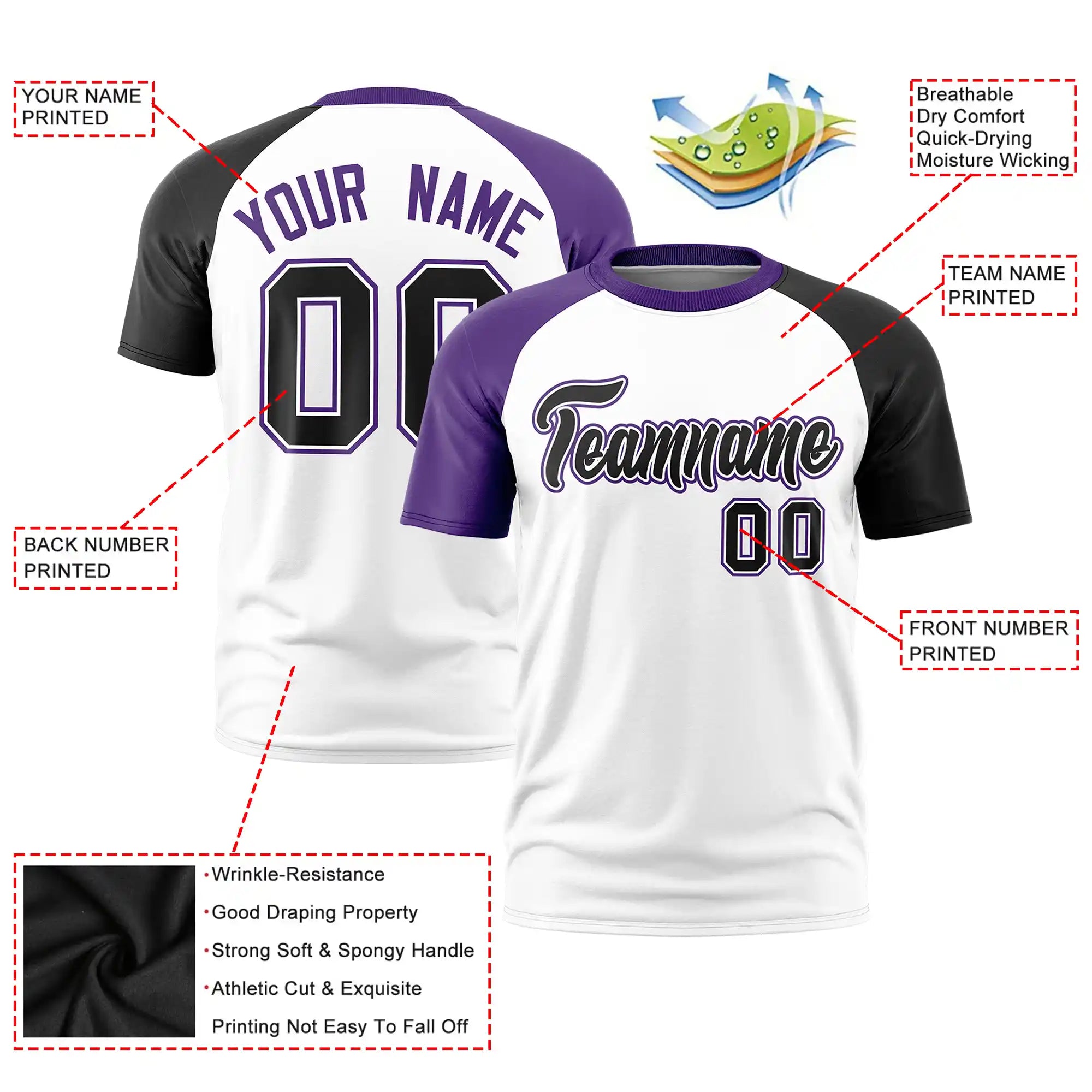 Custom White Purple-Black Crew Neck Two Tone Sleeve Design  Performance T-Shirt