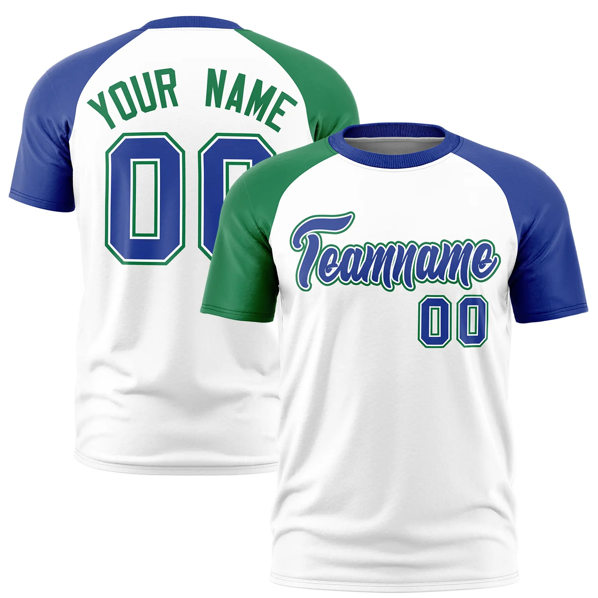 Custom White Kelly Green-Royal Blue Crew Neck Two Tone Sleeve Design  Performance T-Shirt