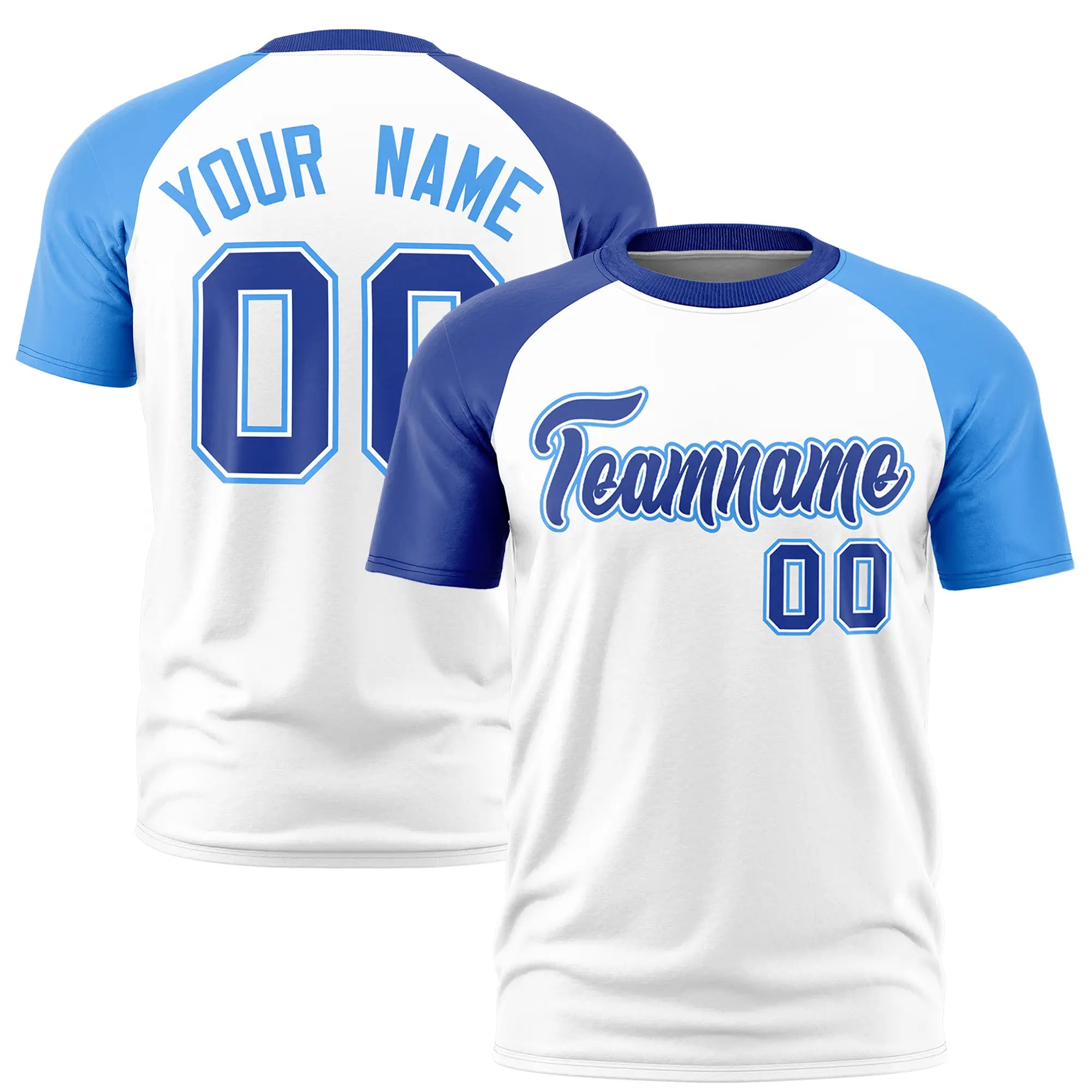 Custom White Royal Blue-Powder Blue Crew Neck Two Tone Sleeve Design  Performance T-Shirt