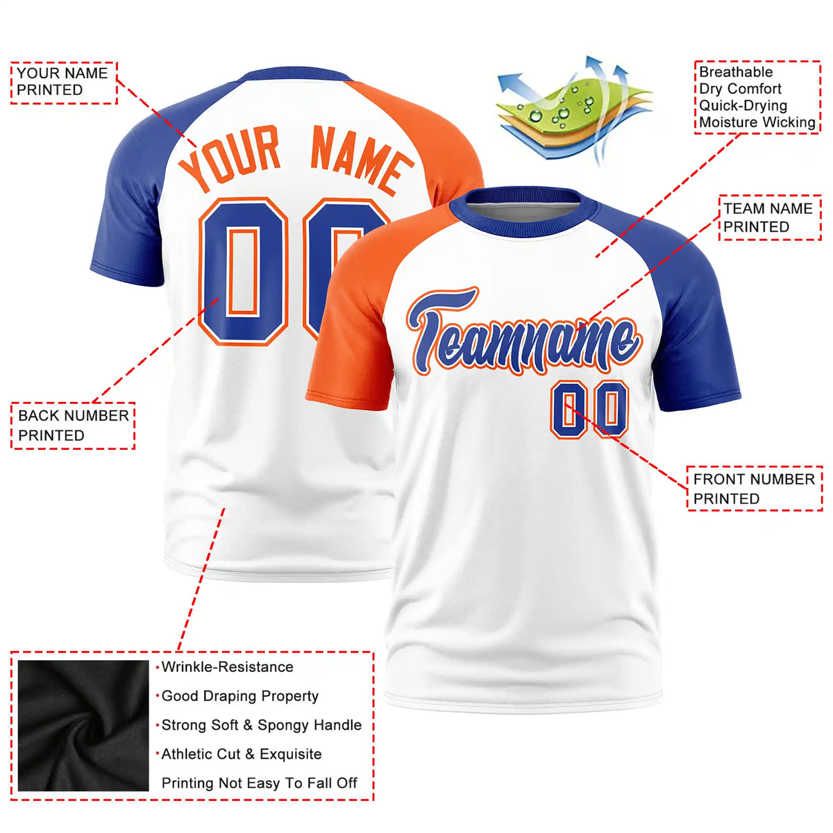 Custom White Orange-Royal Blue Crew Neck Two Tone Sleeve Design  Performance T-Shirt