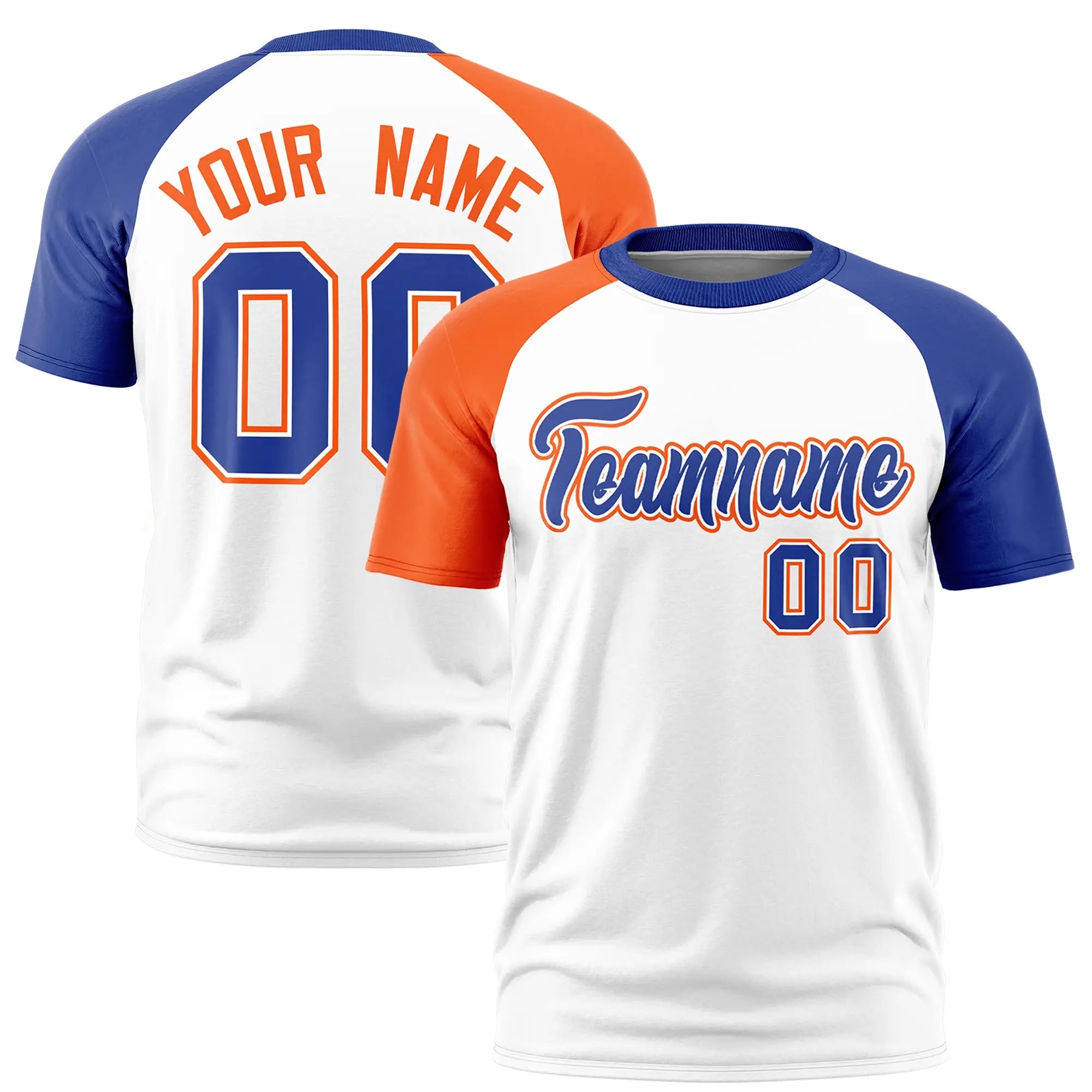 Custom White Orange-Royal Blue Crew Neck Two Tone Sleeve Design  Performance T-Shirt