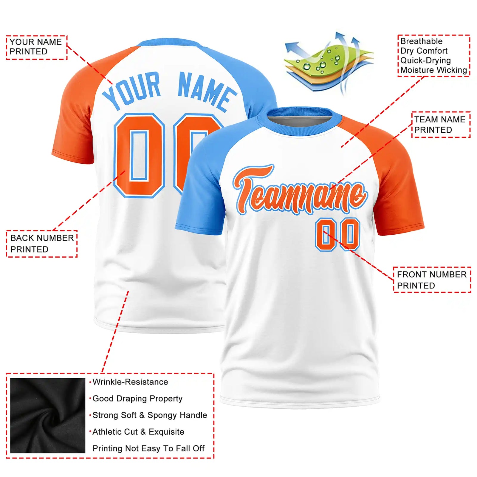 Custom White Powder Blue-Orange Crew Neck Two Tone Sleeve Design  Performance T-Shirt