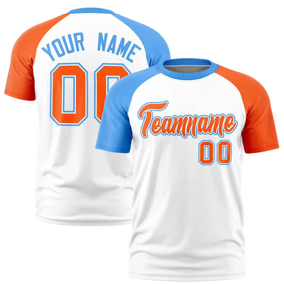 Custom White Powder Blue-Orange Crew Neck Two Tone Sleeve Design  Performance T-Shirt