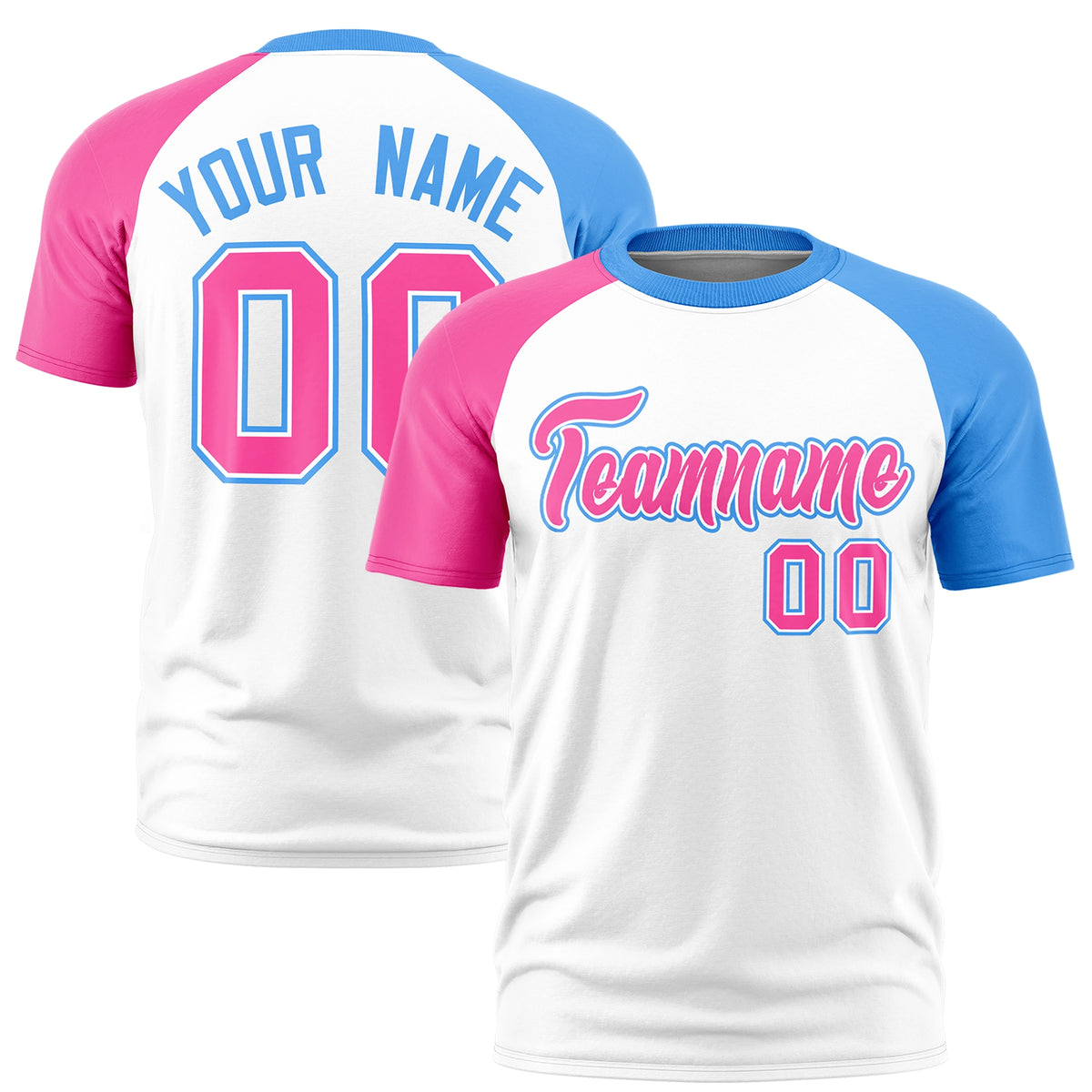 Custom White Pink-Powder Blue Crew Neck Two Tone Sleeve Design  Performance T-Shirt