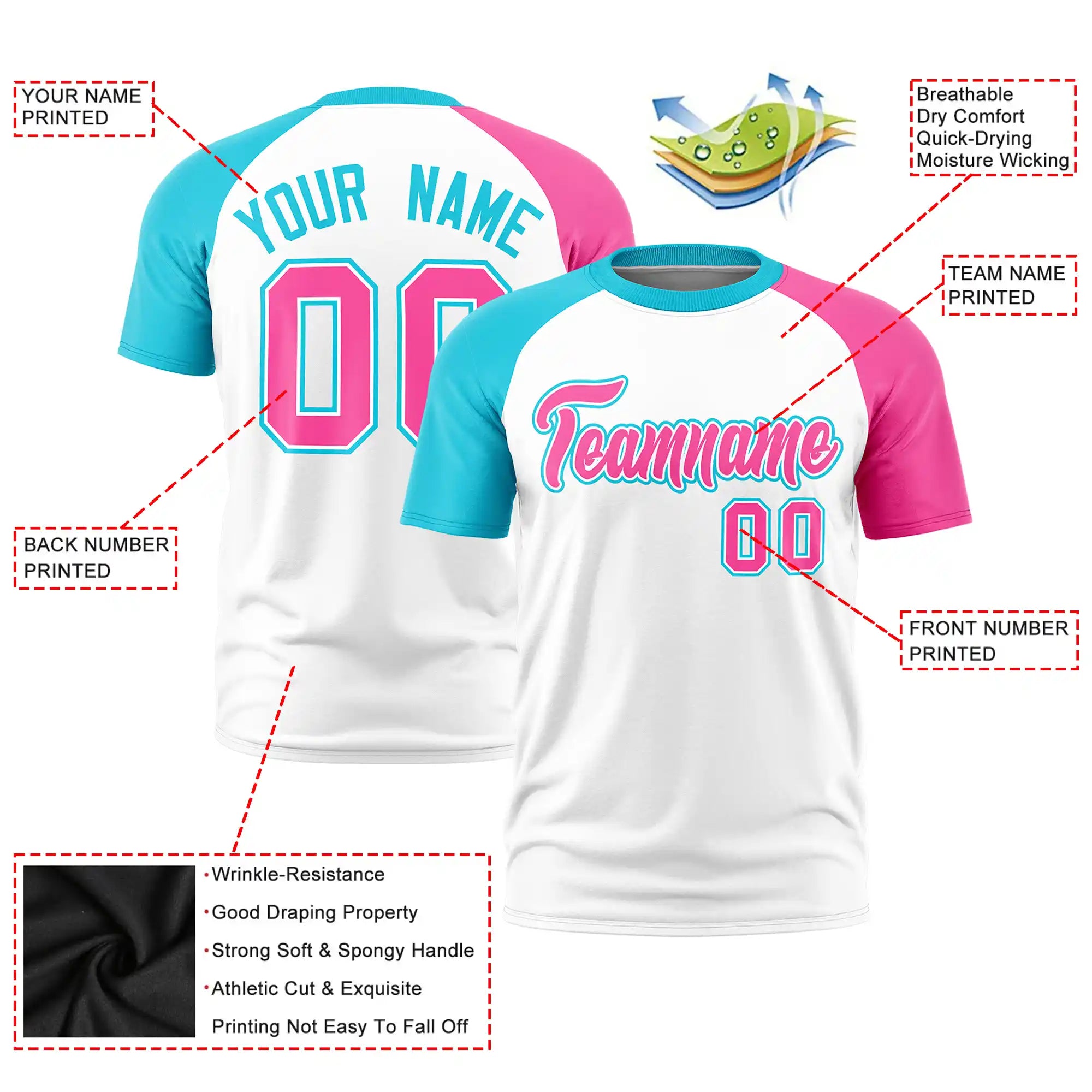 Custom White Sky Blue-Pink Crew Neck Two Tone Sleeve Design  Performance T-Shirt