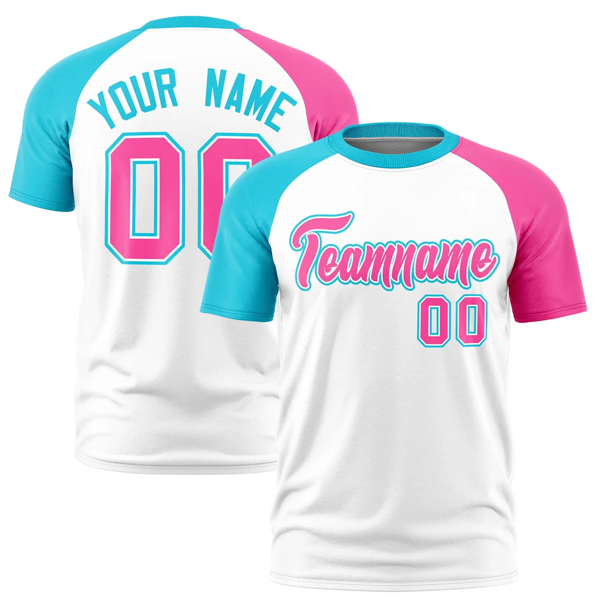 Custom White Sky Blue-Pink Crew Neck Two Tone Sleeve Design  Performance T-Shirt